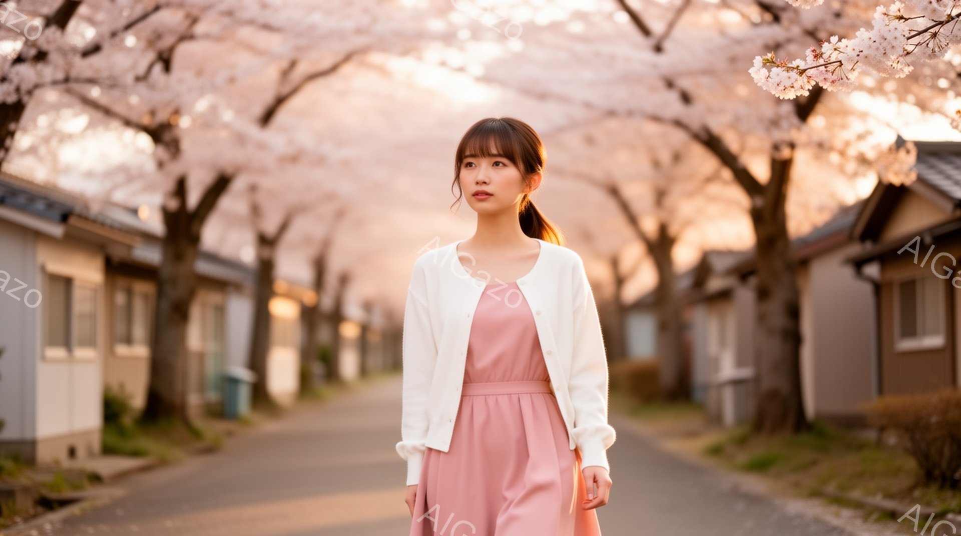 若い女性が、薄桃色のワンピースに白いカーディガンを着て、住宅街の道を進んでいます。彼女は髪を後ろで束ね、わずかに微笑んで前方を見つめています。背景には、満開の桜並木が咲き誇り、春の穏やかな日差しが降り注いでいます。