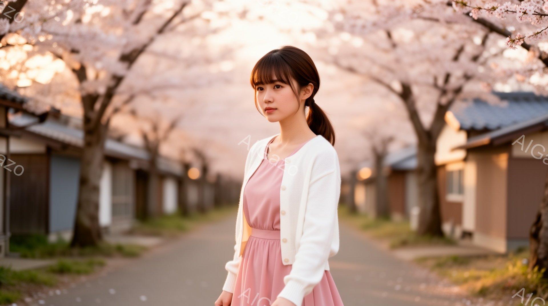 画像には、ピンク色のワンピースに白いカーディガンを羽織った女性が写っています。彼女は髪を後ろで一つに結い、穏やかな表情で正面を見つめています。背景には、桜並木が続く道と、日本の伝統的な家屋が並び、春の - AI生成フリー素材