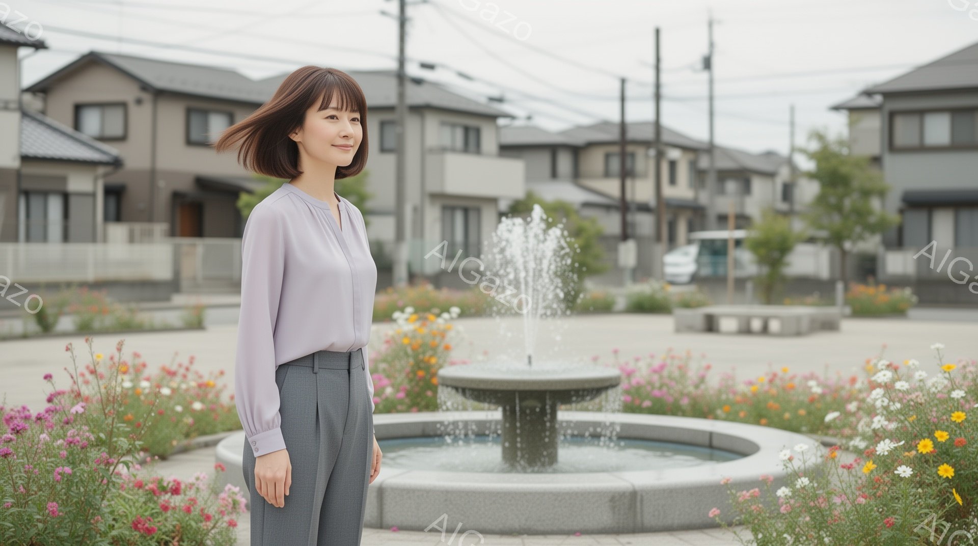 若い女性が、明るい紫色のブラウスとグレーのパンツを身につけて、噴水の前に立っている。彼女は肩までの長さの茶色の髪をしており、微笑みを浮かべている。背景には、カラフルな花壇と住宅が並び、晴れた日の穏やかな雰囲気が感じられる。