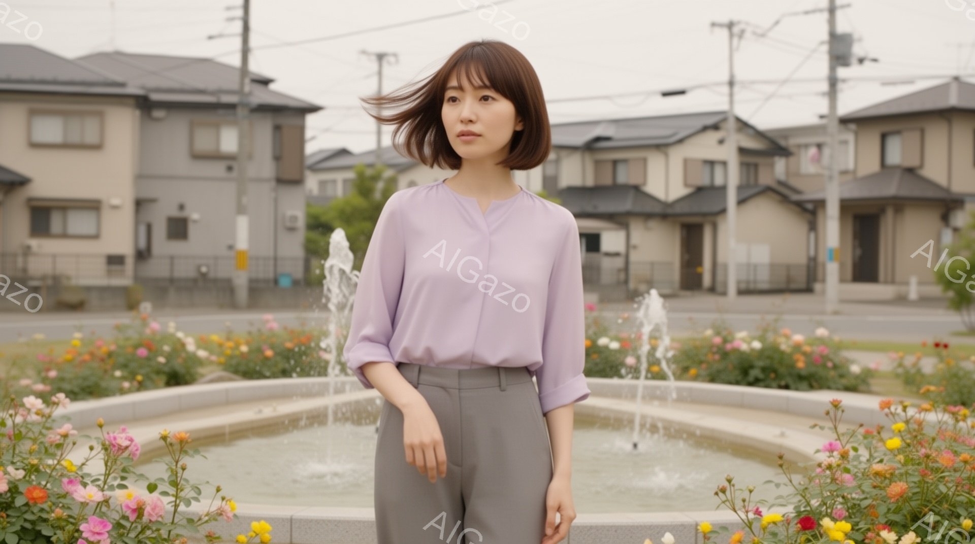 若い女性が、薄紫色のブラウスと灰色のパンツ姿で、噴水の前に立っている。彼女は少し微笑んでおり、黒髪のショートボブヘアが風になびいている。背景には、住宅が並び、噴水の周りには色とりどりの花が咲き乱れ、晴天の下、穏やかな雰囲気が漂っている。