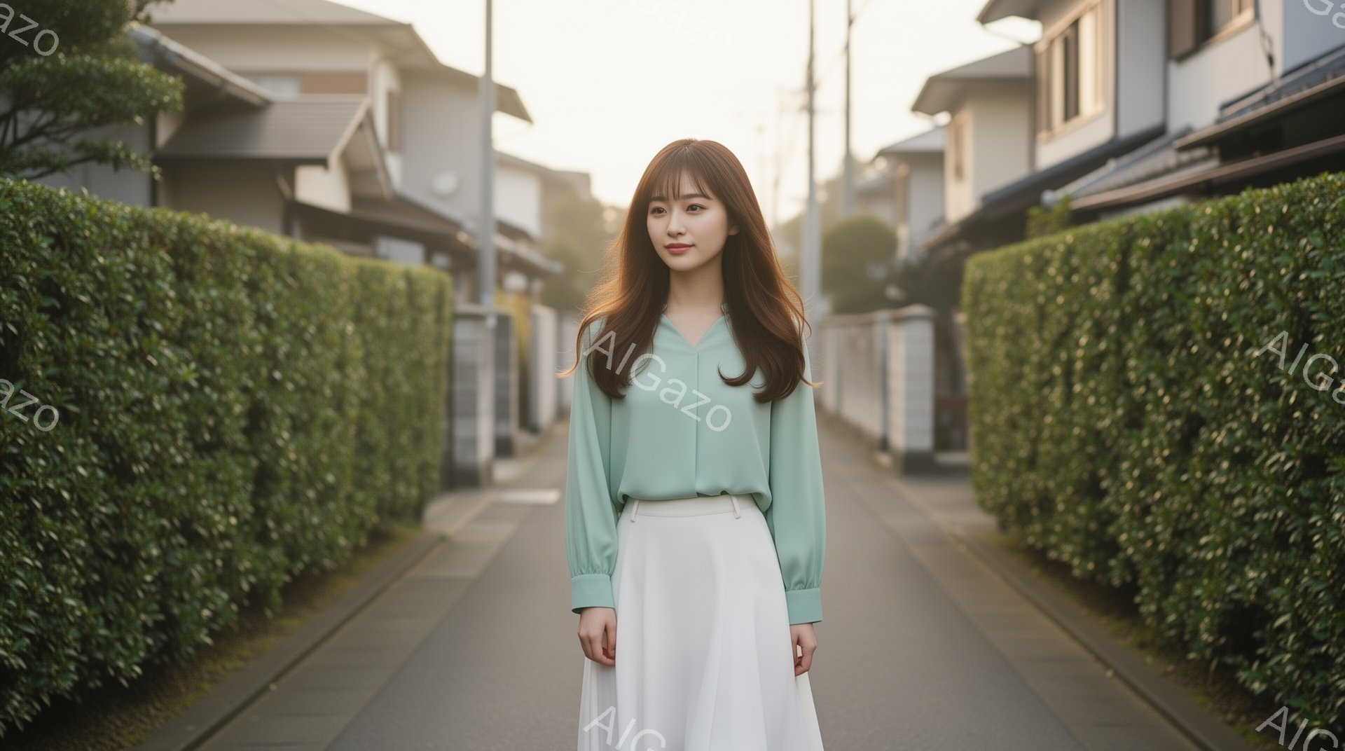 若い女性が、明るい緑色の長袖ブラウスと白いフレアスカートを身につけて、狭い道の中央に立っています。彼女は肩までの長さの茶色の髪をしており、穏やかな表情で正面を見ています。背景には整然と並んだ生垣と住宅 - AI生成フリー素材