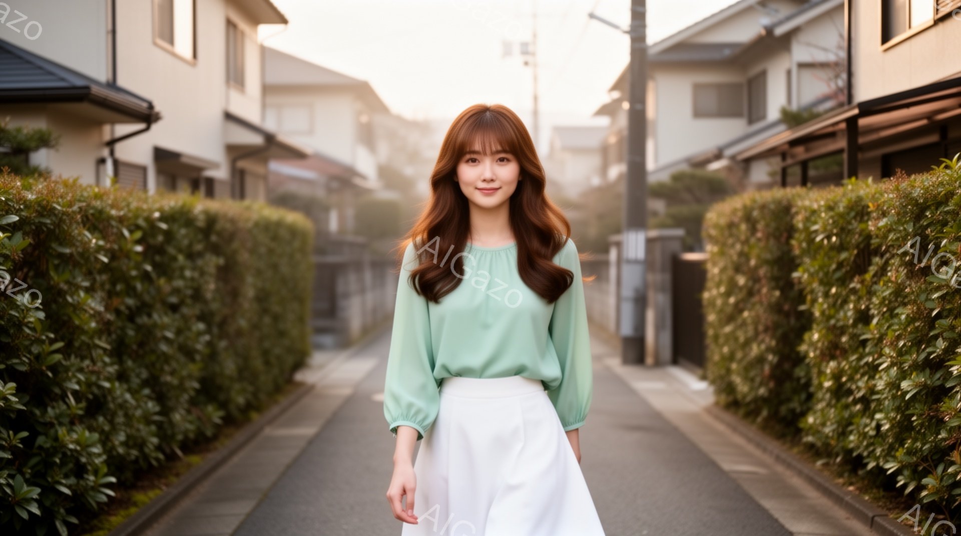 画像には、明るい緑色のブラウスと白いワイドパンツを着用した若い女性が写っています。彼女は少し微笑んでおり、長い茶色の髪は肩にかかっています。背景には整った生垣に囲まれた住宅地が広がり、空は明るく、穏やかな春の日のような雰囲気です。