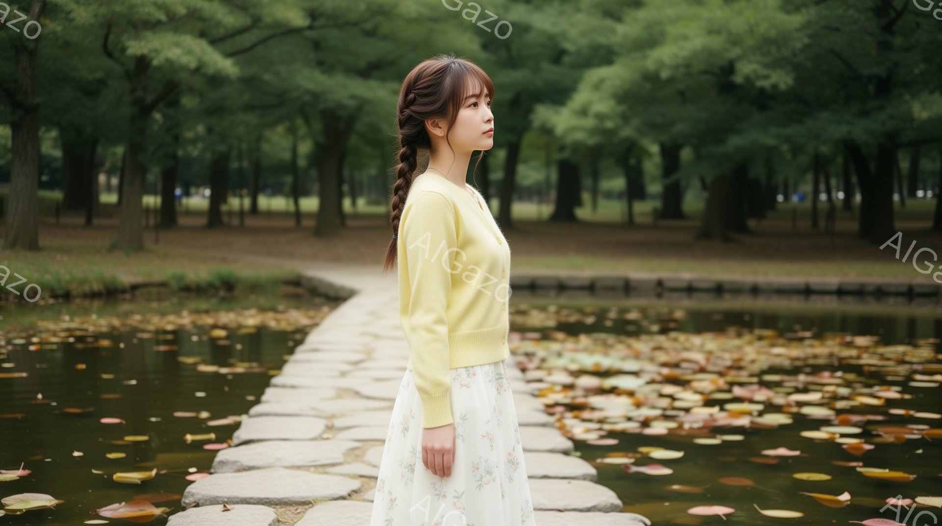 長い髪を三つ編みにして、クリーム色のカーディガンと花柄のスカートを着た女性が、水面に浮かぶ葉が散りばめられた石畳の道を歩いている。彼女は横を向いており、どこか物憂げな表情をしている。背景には緑豊かな木々が生い茂り、穏やかで静寂な雰囲気が漂っている。