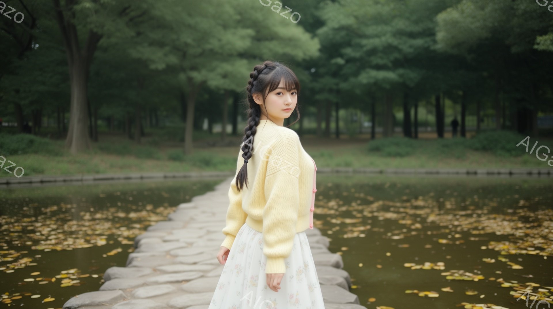 若い女性が、薄い黄色のカーディガンと花柄のスカートを着て、石畳の道の上を歩いています。彼女は三つ編みの髪をしており、少し微笑んでいる表情で、横を向いてこちらを見ています。背景には緑豊かな木々と水面が広がり、穏やかで優しい雰囲気を醸し出しています。