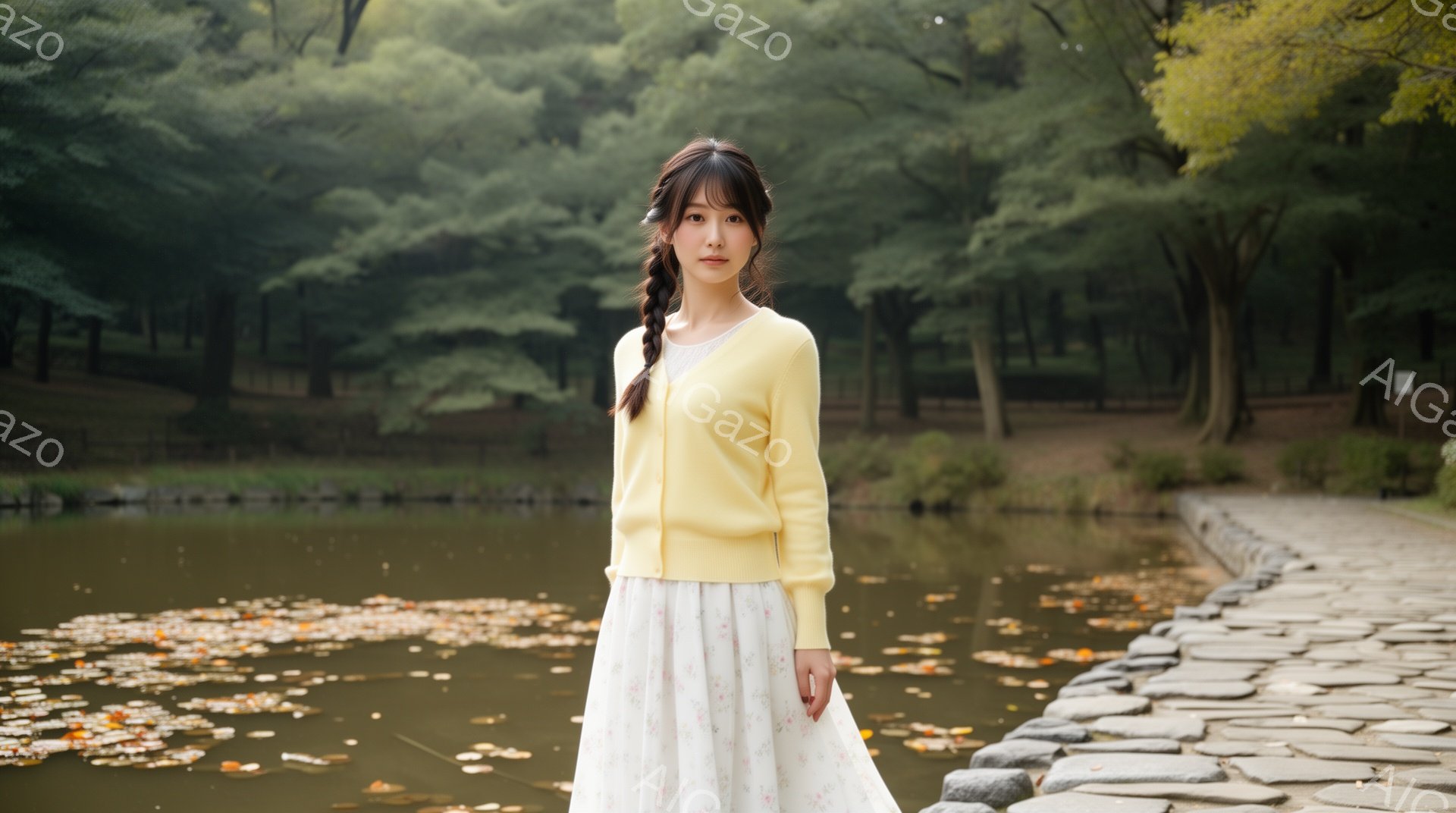 明るい黄色のカーディガンと花柄のワンピースを着た若い女性が立っています。彼女は長い髪を三つ編みにし、穏やかな表情で正面を見ています。背景には緑豊かな木々と水面、石畳の道があり、穏やかで優しい雰囲気が漂っています。