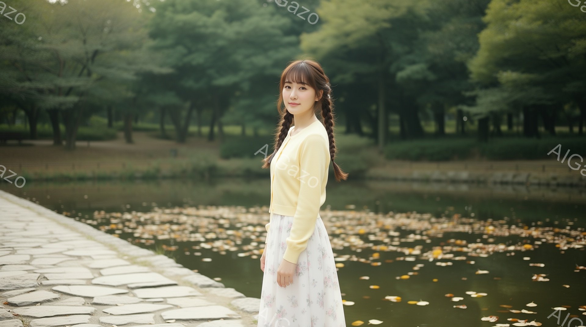 彼女は淡い黄色のカーディガンと、花柄のロングスカートを身に着けており、両サイドに三つ編みが結ばれたヘアスタイルです。彼女は少し微笑んでおり、穏やかな表情をしています。背景には水面が落ち葉で覆われた池が - AI生成フリー素材