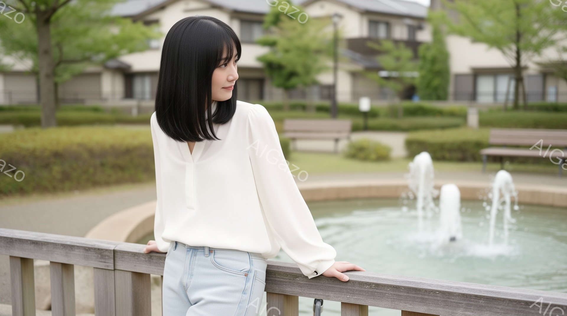 長い前髪と肩までの長さの黒髪が特徴の女性が、白いブラウスと水色のデニムパンツを身に着けています。彼女は木製の柵にもたれかかり、少し微笑みながら遠くを見つめています。背景には噴水、緑豊かな木々、そしてモダンな建物が見え、穏やかで晴れた日の雰囲気が漂っています。