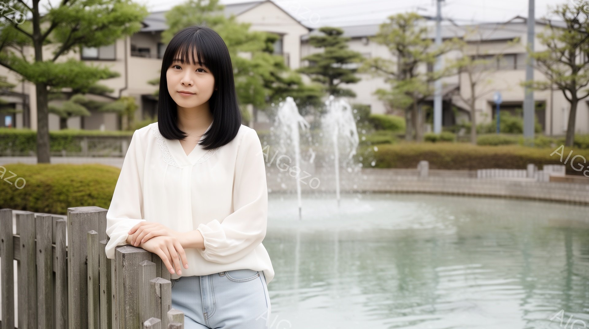黒髪のショートボブの女性が、淡いクリーム色のブラウスと水色のジーンズを身に着け、木製の柵にもたれかかって立っている。彼女はわずかに微笑み、穏やかな表情をしており、背景には噴水と緑豊かな木々、そして住宅が並んでいる。全体的に柔らかく、落ち着いた雰囲気の画像である。