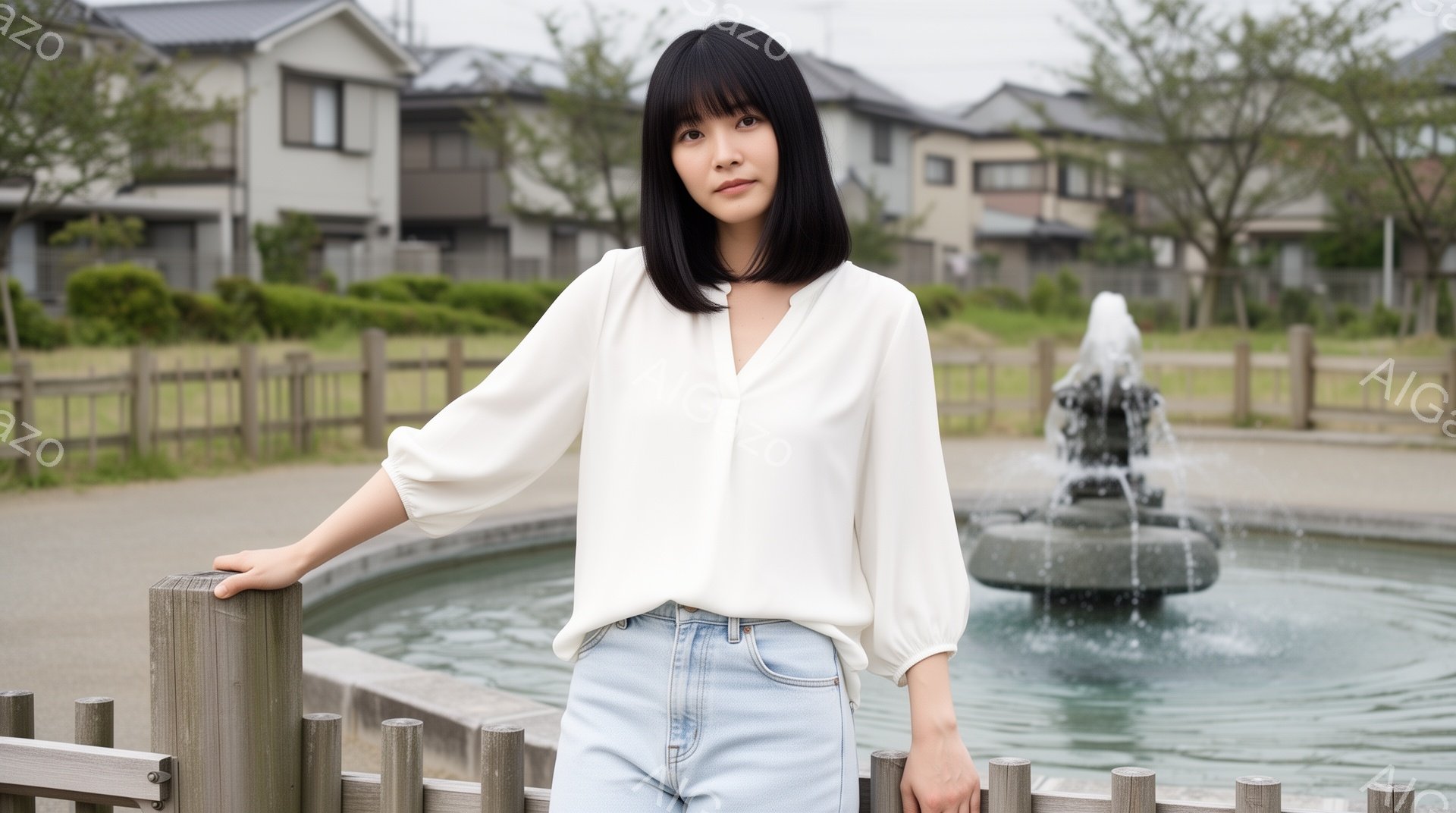 画像には、短い黒髪の女性が写っており、白いブラウスと薄いブルーのジーンズを着用しています。彼女は木の柵に片手を置き、リラックスした表情で正面を見つめています。背景には、住宅地と緑豊かな芝生、そして水が噴き出す噴水があり、穏やかで平和な雰囲気が漂っています。