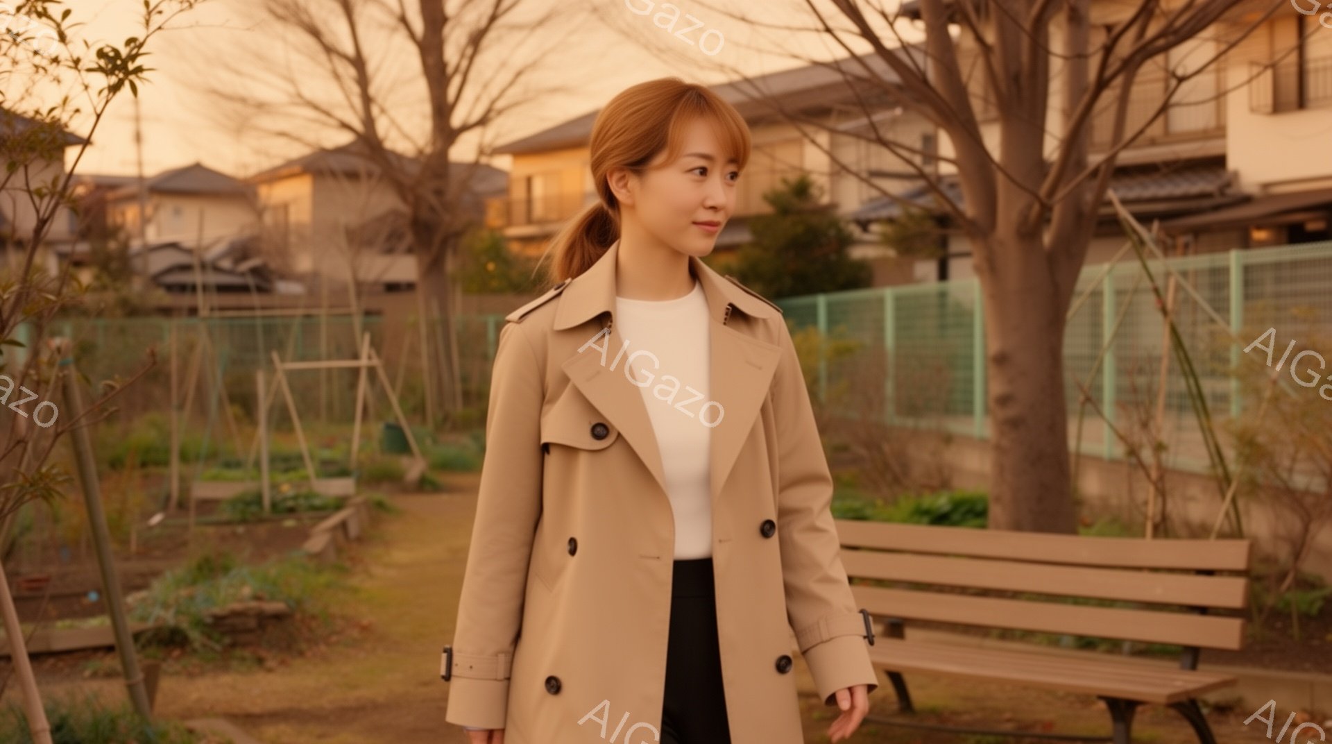 明るい茶色のトレンチコートを着た若い女性が、黒いズボンと白いインナーを着て、公園を歩いています。彼女は髪を後ろで一つにまとめ、少し微笑んだ表情で、穏やかな雰囲気を醸し出しています。背景には住宅、遊具、そして冬の夕暮れのような、柔らかい光が差し込む自然が見られます。