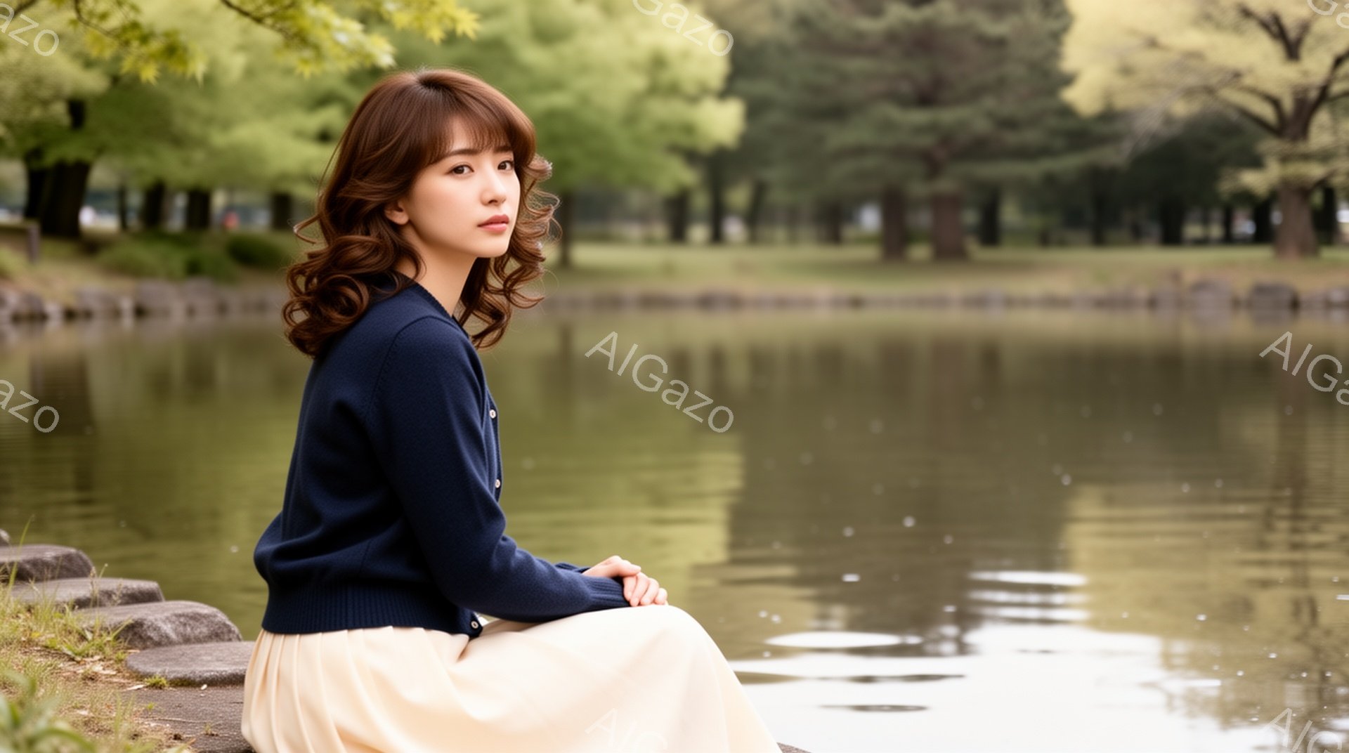 画像には、クリーム色のスカートと濃い青のカーディガンを着た若い女性が写っています。彼女は石の縁に座り、少し横を向いて物憂げな表情を浮かべています。背景には緑豊かな木々と穏やかな水面が広がり、春の穏やかな一日が感じられます。