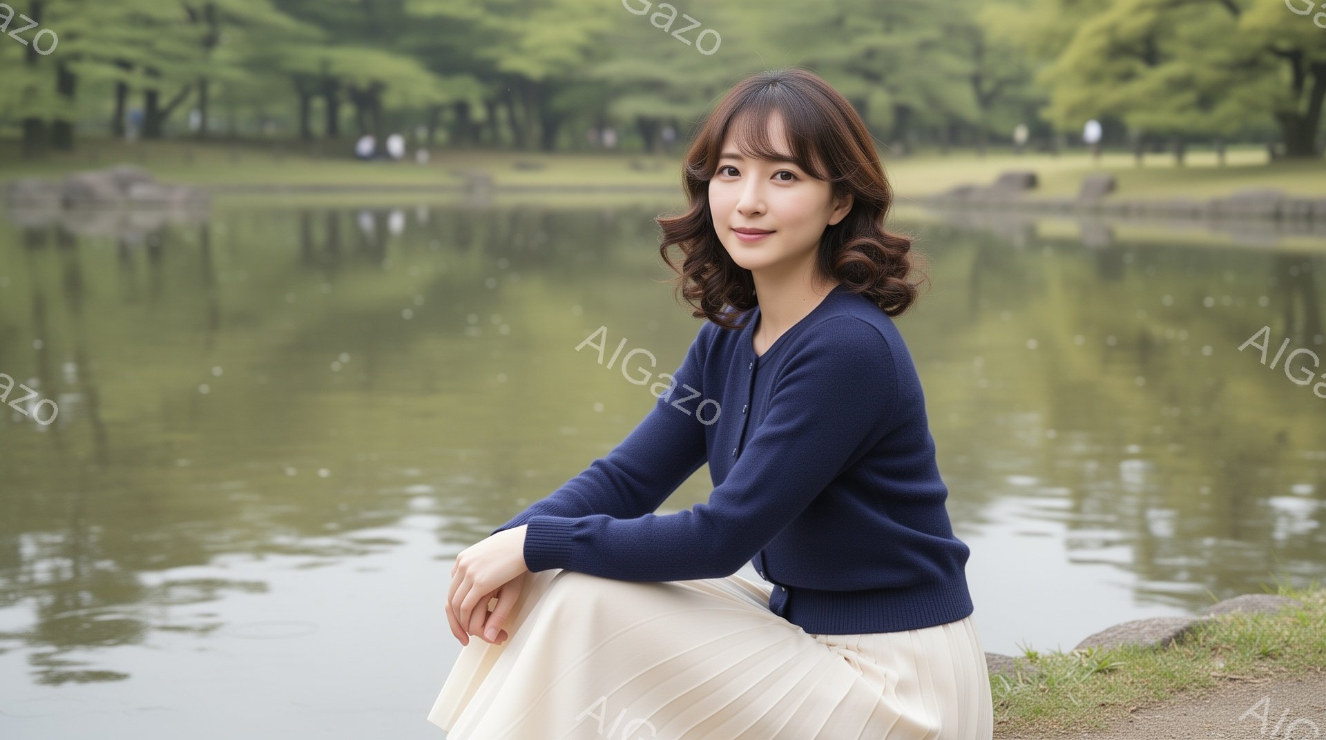 画像には、紺色のカーディガンとクリーム色のプリーツスカートを着た若い女性が写っています。彼女は膝を曲げて座り、少し微笑んでいます。背景には緑豊かな木々と穏やかな水面が広がり、晴れた日の穏やかな雰囲気を - AI生成フリー素材