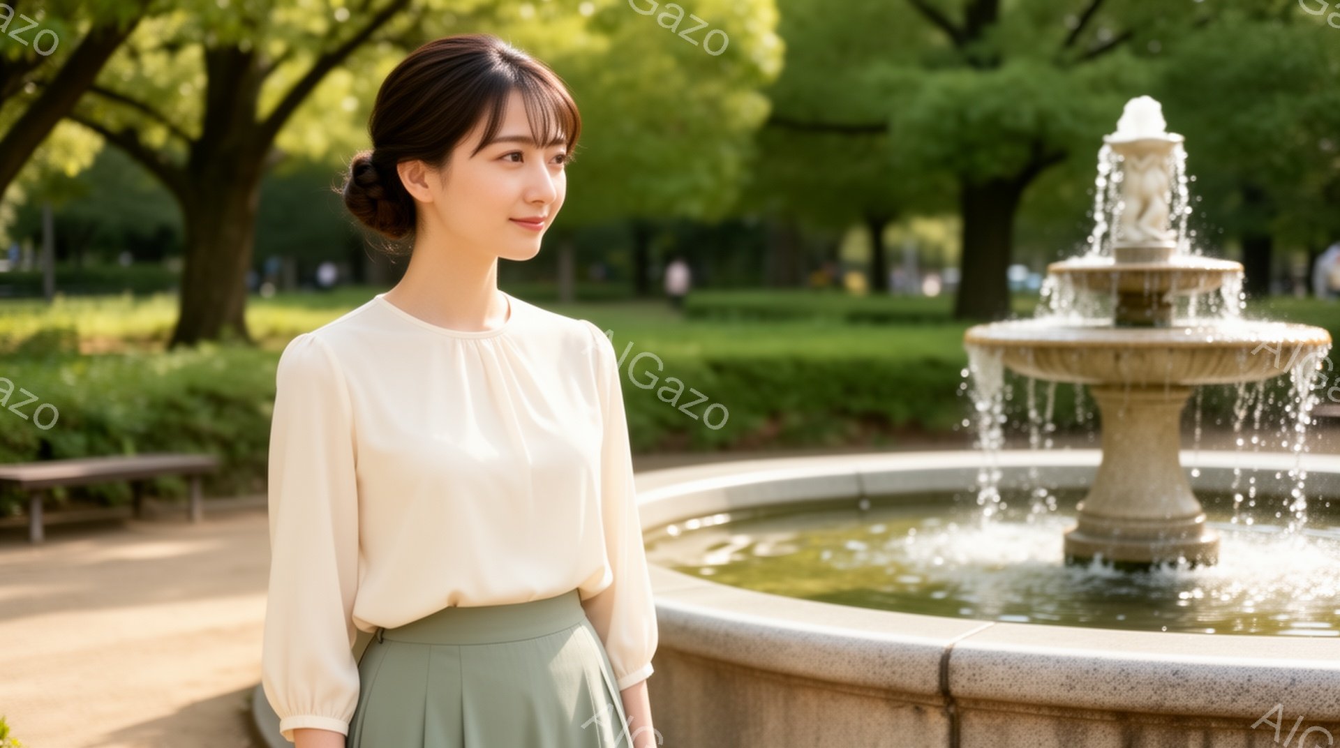 若い女性がクリーム色のブラウスと薄緑色のスカートを身につけ、公園で噴水のそばに立っています。彼女は軽く微笑み、前を向いており、髪は後ろでまとめています。背景には緑豊かな木々と晴れた空が広がり、穏やかで優しい雰囲気を醸し出しています。