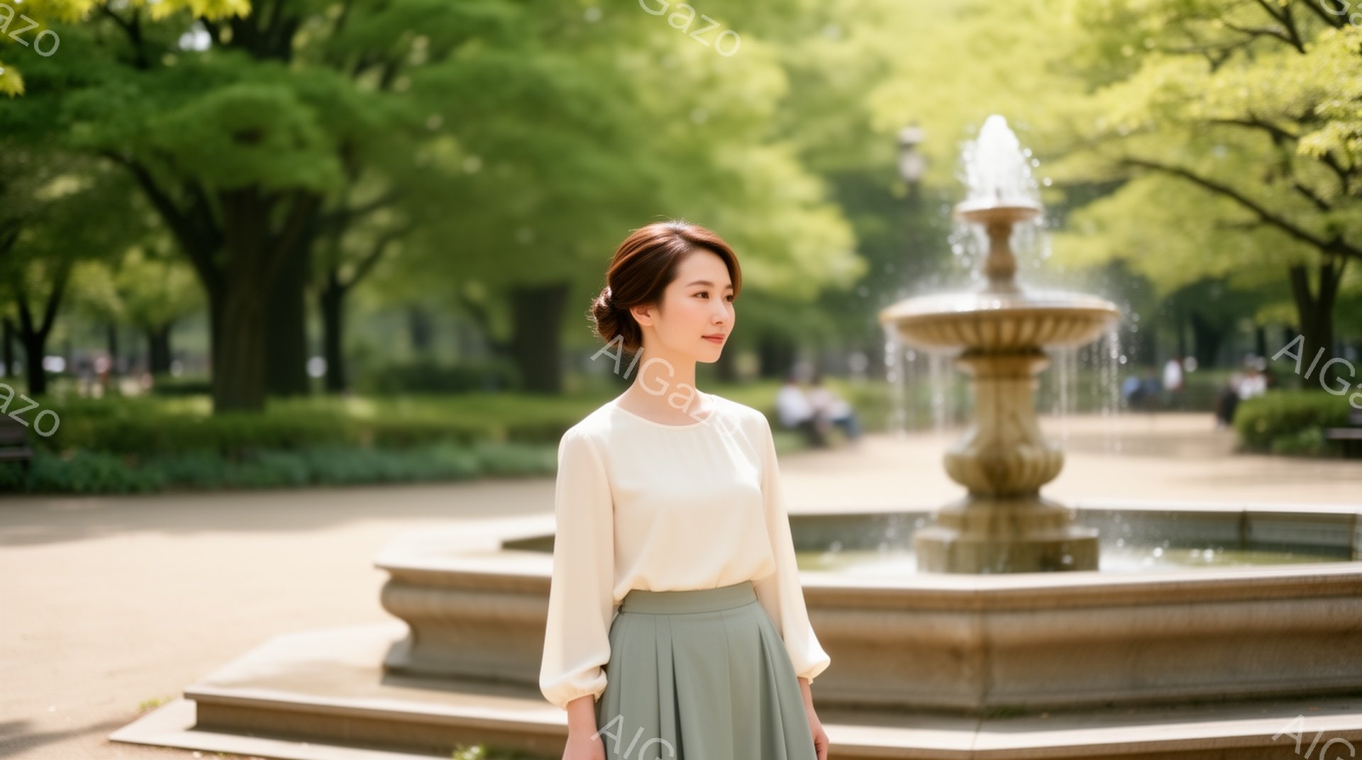 クリーム色のブラウスと、淡い緑色のロングスカートを身につけた女性が、石造りの噴水の前に立っている。彼女は髪を後ろでまとめ、穏やかな表情で遠くを見つめている。背景には緑豊かな木々と、かすかに見えるベンチがあり、晴れた日の穏やかな公園の雰囲気が漂っている。