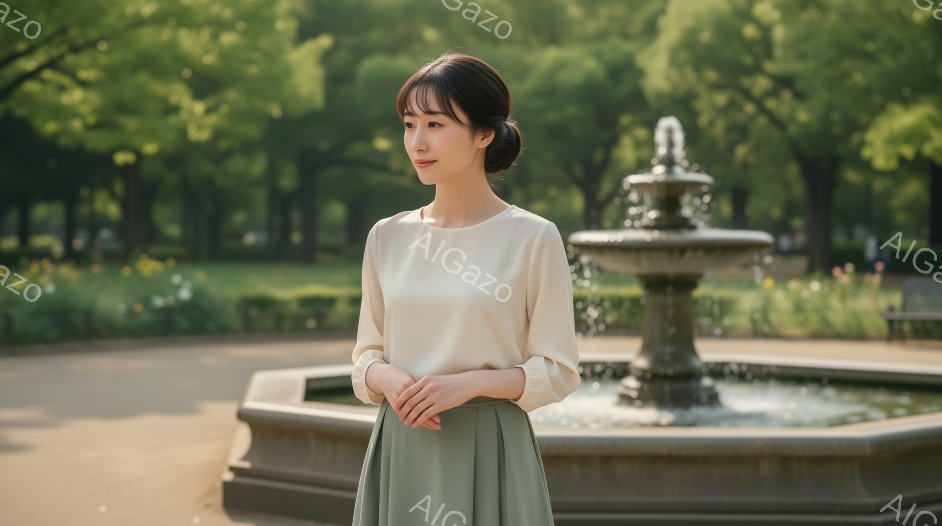 淡いクリーム色のブラウスとオリーブグリーンのスカートを身につけた女性が、公園の噴水の前に立っています。彼女は軽く微笑み、リラックスした様子で両手を前に組んでいます。背景には緑豊かな木々と、日差しが降り注ぐ穏やかな公園の風景が広がっています。