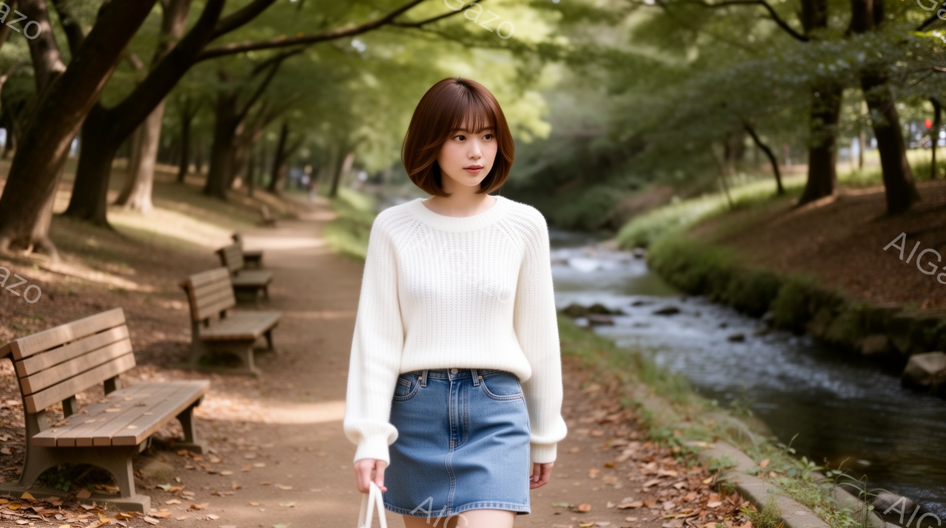 若い女性が、クリーム色のセーターとデニムのミニスカートを着て、小道を歩いています。彼女は肩までの長さの茶髪で、穏やかな表情を浮かべています。背景には緑豊かな木々や小川が流れ、秋の穏やかな日差しが降り注ぐ、平和な公園の風景が広がっています。