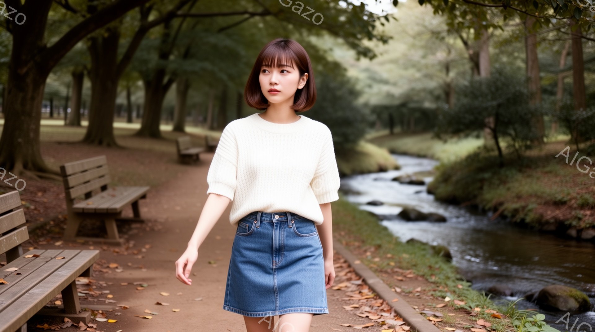 画像には、ベージュ色のセーターとデニムのスカートを着た若い女性が写っています。彼女は少し微笑んでおり、前を見つめながら歩いています。背景には、小川、木々、落ち葉があり、穏やかで秋らしい雰囲気が漂っています。