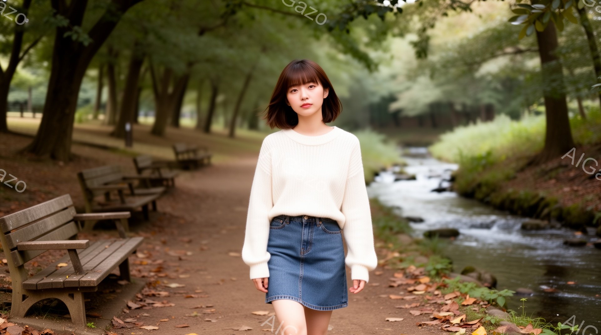 明るい茶髪のショートボブヘアの女性が、オフホワイトのニットセーターとデニムのミニスカートを着て、土の道を進んでいます。彼女はカメラの方を見て微笑んでおり、リラックスした雰囲気を醸し出しています。背景には木々の緑と小川が流れ、秋の穏やかな天候を感じさせる、自然豊かな公園の風景が広がっています。