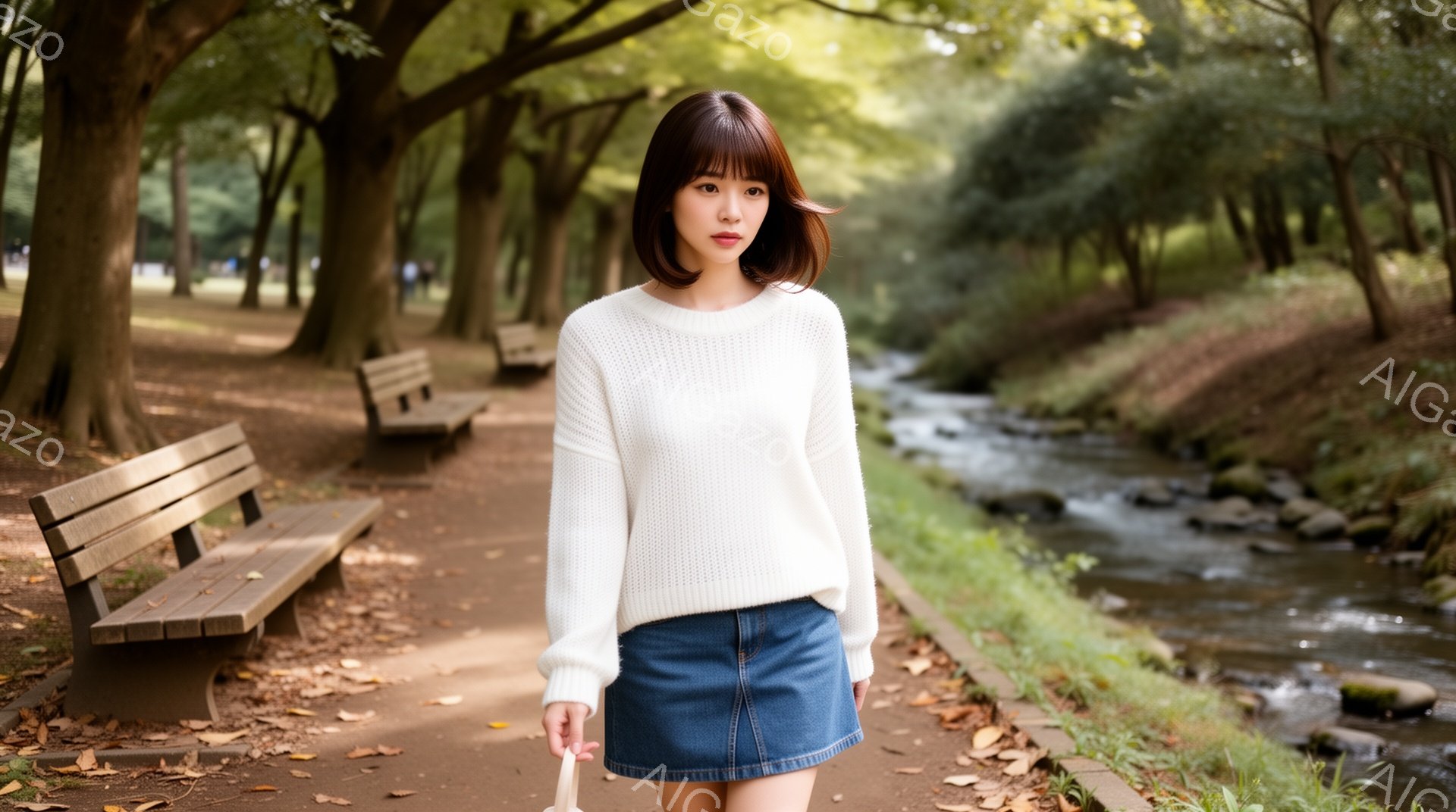 若い女性が白いニットセーターとデニムのスカートを身に着けて、遊歩道を歩いています。彼女は肩までの長さの茶色の髪をしており、穏やかな表情を浮かべています。背景には小川と緑豊かな木々があり、秋の穏やかな日差しが差し込んでおり、全体的にリラックスした雰囲気です。
