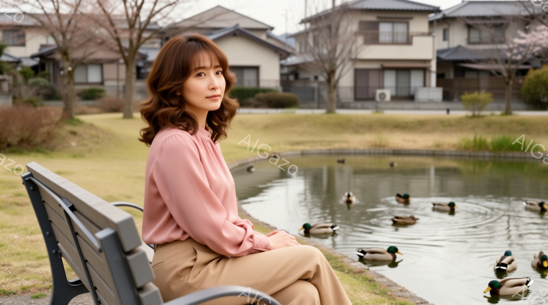 浅い水辺のそばのベンチに座る女性が写っています。彼女はペールピンクのブラウスとベージュのパンツを身に着け、ゆるやかなウェーブのかかった髪で、穏やかな表情をしています。背景には、住宅や裸の木々が見え、全 - AI生成フリー素材