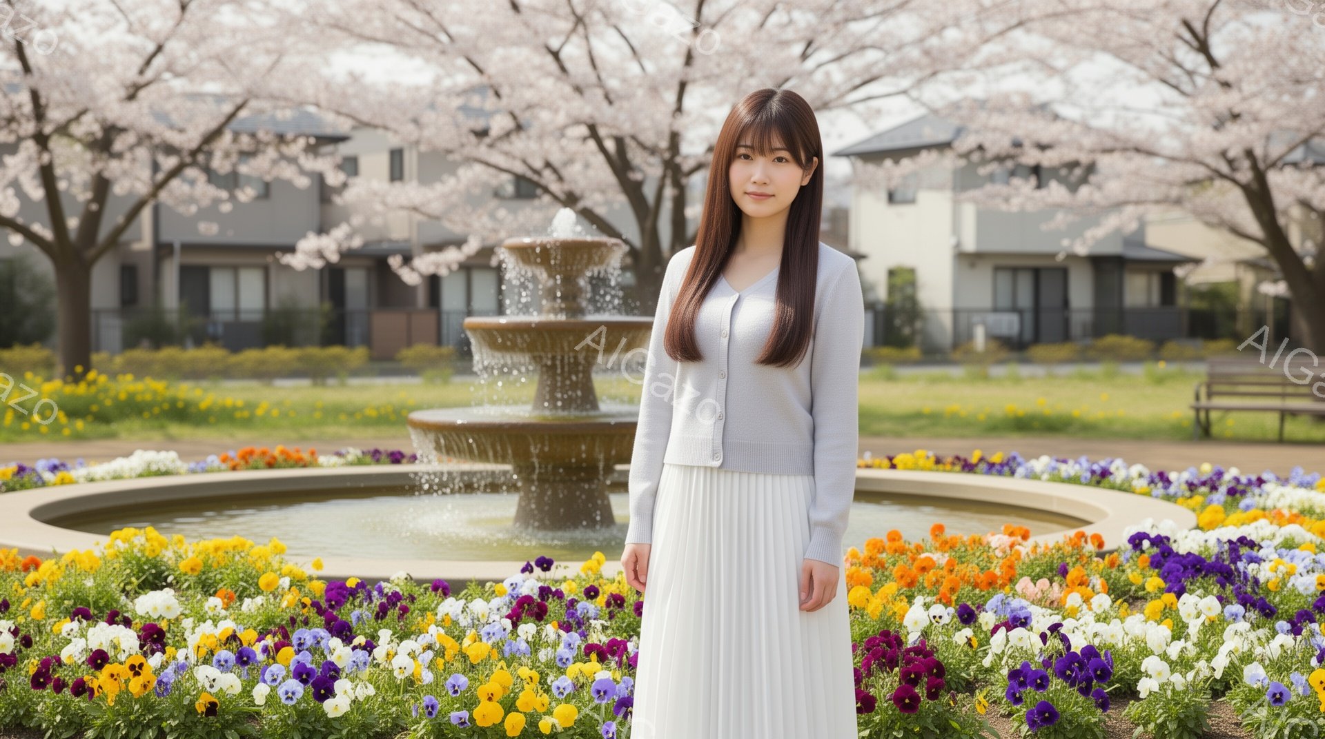 画像には、花壇の前で微笑む若い女性が写っています。彼女はグレーのカーディガンと白いプリーツスカートを着用し、長い黒髪はストレートに伸びています。背景には、噴水、色とりどりの花、そして桜並木が見え、春の穏やかで華やかな雰囲気を醸し出しています。