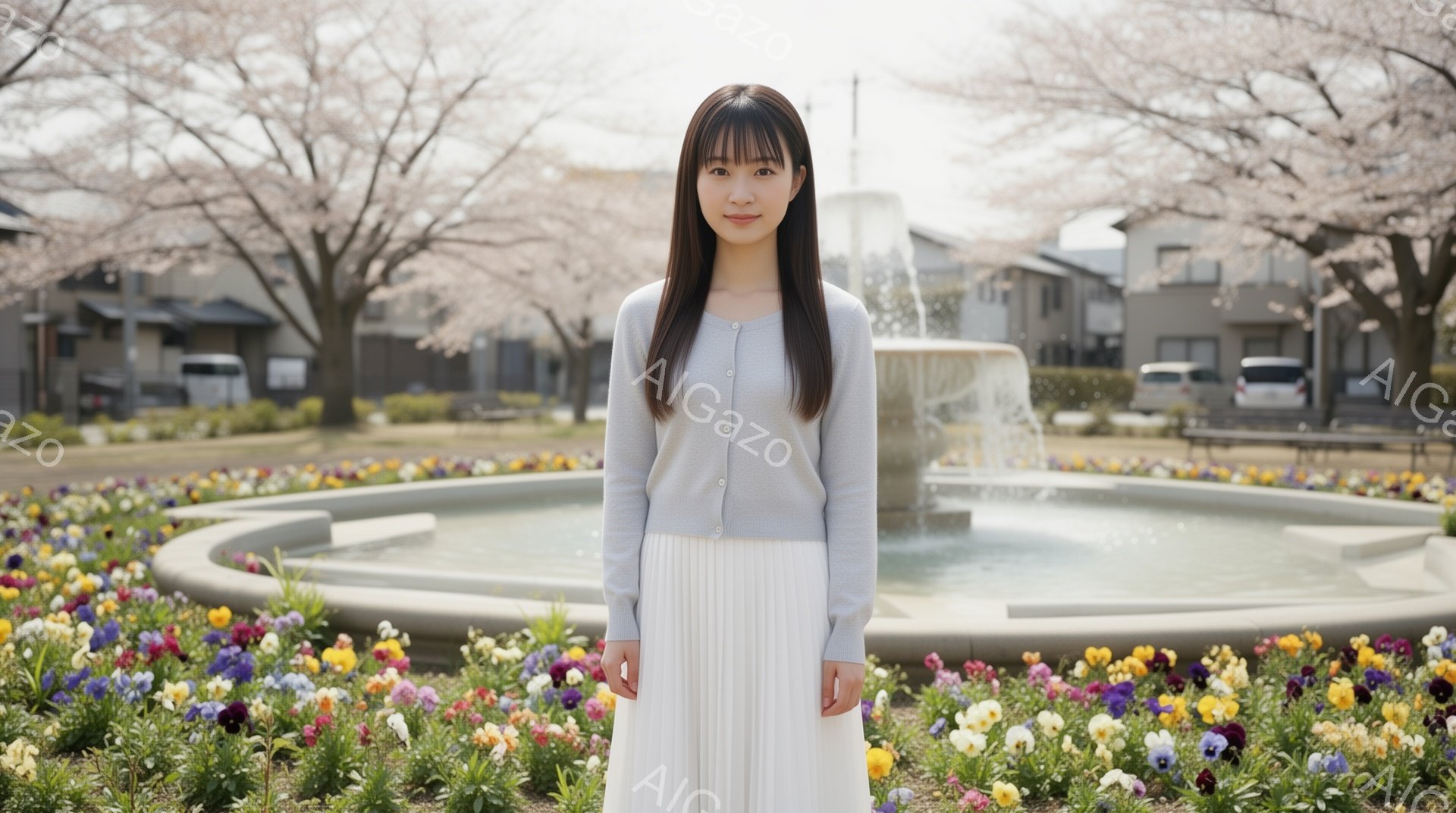 浅いグレーのカーディガンと白いプリーツスカートを着用した若い女性が、正面を向いて立っています。彼女はストレートの黒髪で、穏やかな表情を浮かべています。背景には、色とりどりのパンジーが咲き乱れる花壇と、白い噴水、そして遠くに住宅や木々が見え、春の穏やかな日差しが感じられます。