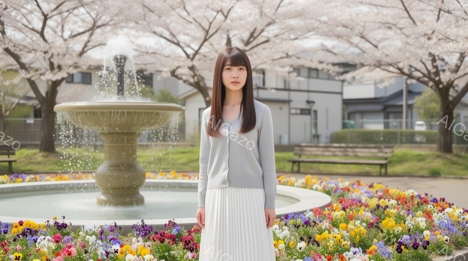 若い女性が公園で噴水の前に立っている。彼女は薄いグレーのカーディガンと白いプリーツスカートを着用し、ストレートの黒髪を肩の長さまで伸ばしている。背景には、満開の桜の木々と、カラフルなパンジーの花壇が広がり、春の穏やかな雰囲気が漂っている。