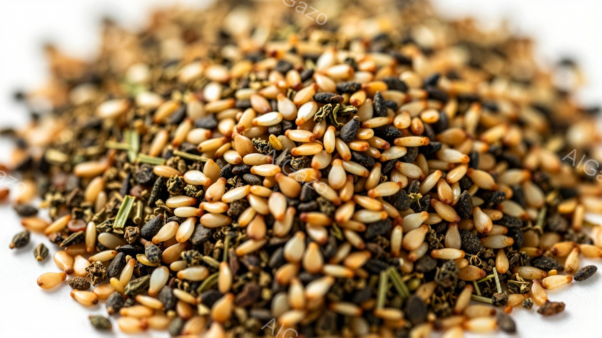 白い背景の上に、黒ごま、白ごま、そして乾燥したハーブやスパイスが混ざり合ったものが散りばめられています。それぞれの種子やハーブは細かく、全体的に茶色と黒のニュアンスがあり、料理の調味料やふりかけのような印象を与えます。光沢のある質感と細かい粒子が、風味豊かな食感を想像させます。