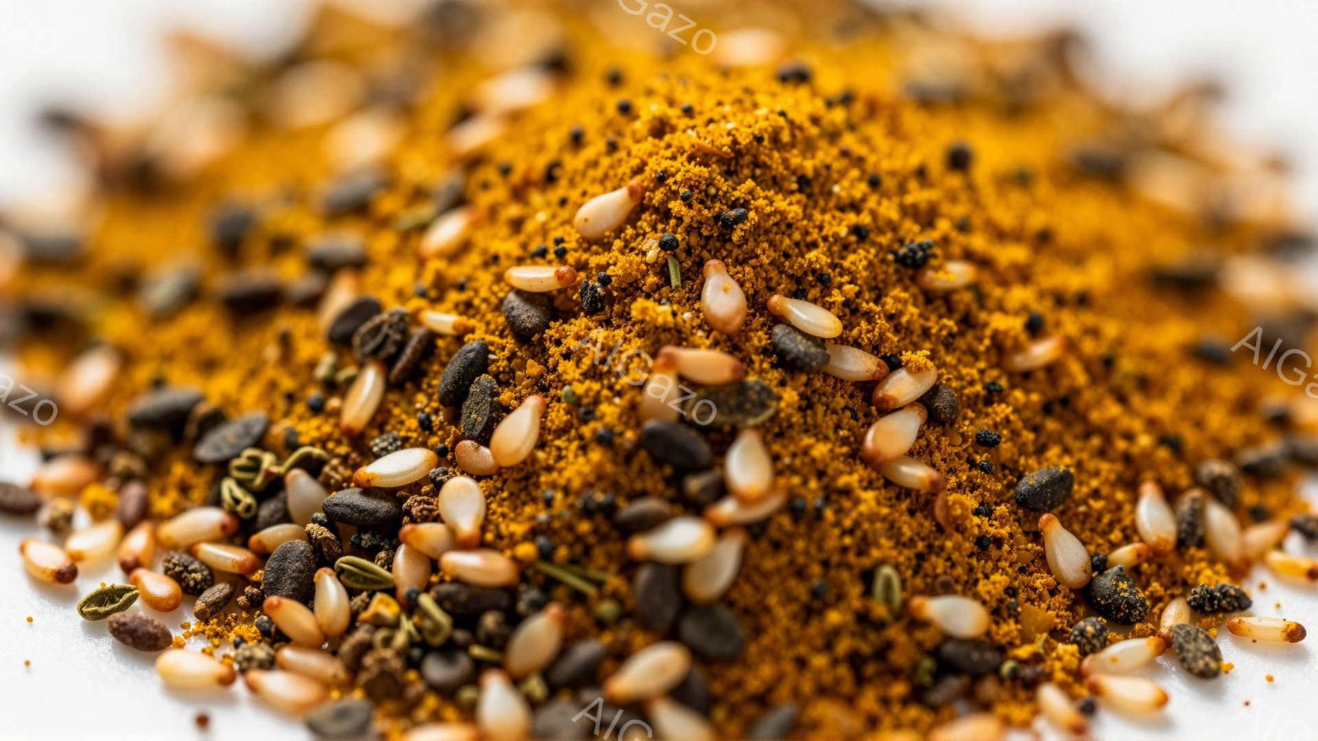 白い背景の上に、様々な種類の種と粉末状の調味料が散りばめられた様子が写っている。黒ごま、白ごま、おそらくは亜麻の実やその他の小さな種が混ざり合い、鮮やかなオレンジ色の粉末状のスパイスが全体を覆っている。この組み合わせは、料理のトッピングや風味付けに使用される、日本の伝統的な調味料「七味唐辛子」のような印象を与える。
