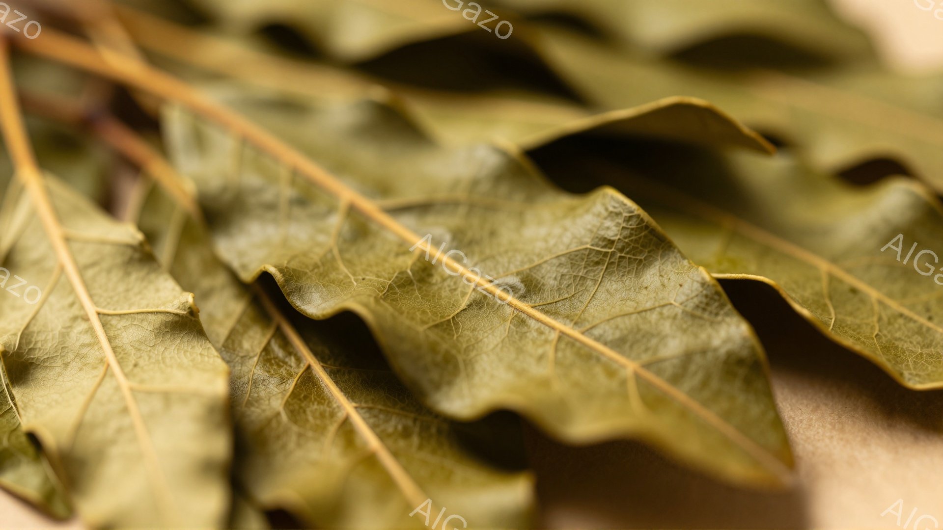 乾燥したローリエの葉が重なり合って写っているクローズアップ写真です。葉はしわが寄り、乾燥した質感とわずかに茶色がかかった緑色が特徴です。背景はぼやけており、葉の自然な質感と複雑な葉脈が強調されています - AI生成フリー素材