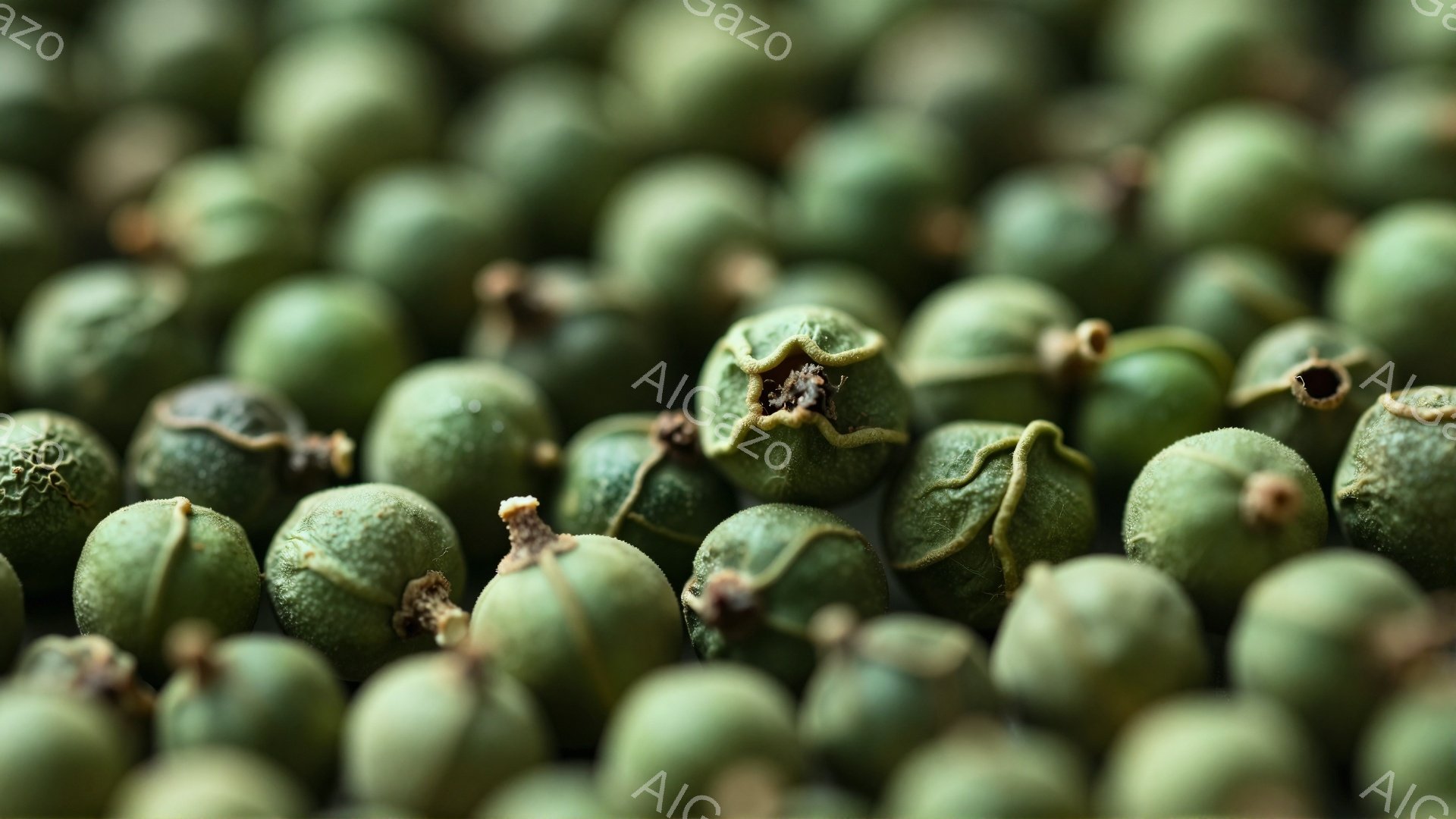 非常に多くの緑色のペッパーコーンが密集して写っています。各コーンは小さな突起と微妙な凹凸を持ち、表面はわずかに湿っているように見えます。全体的に、自然の食材のテクスチャと色合いが強調された、クローズアップされたイメージです。