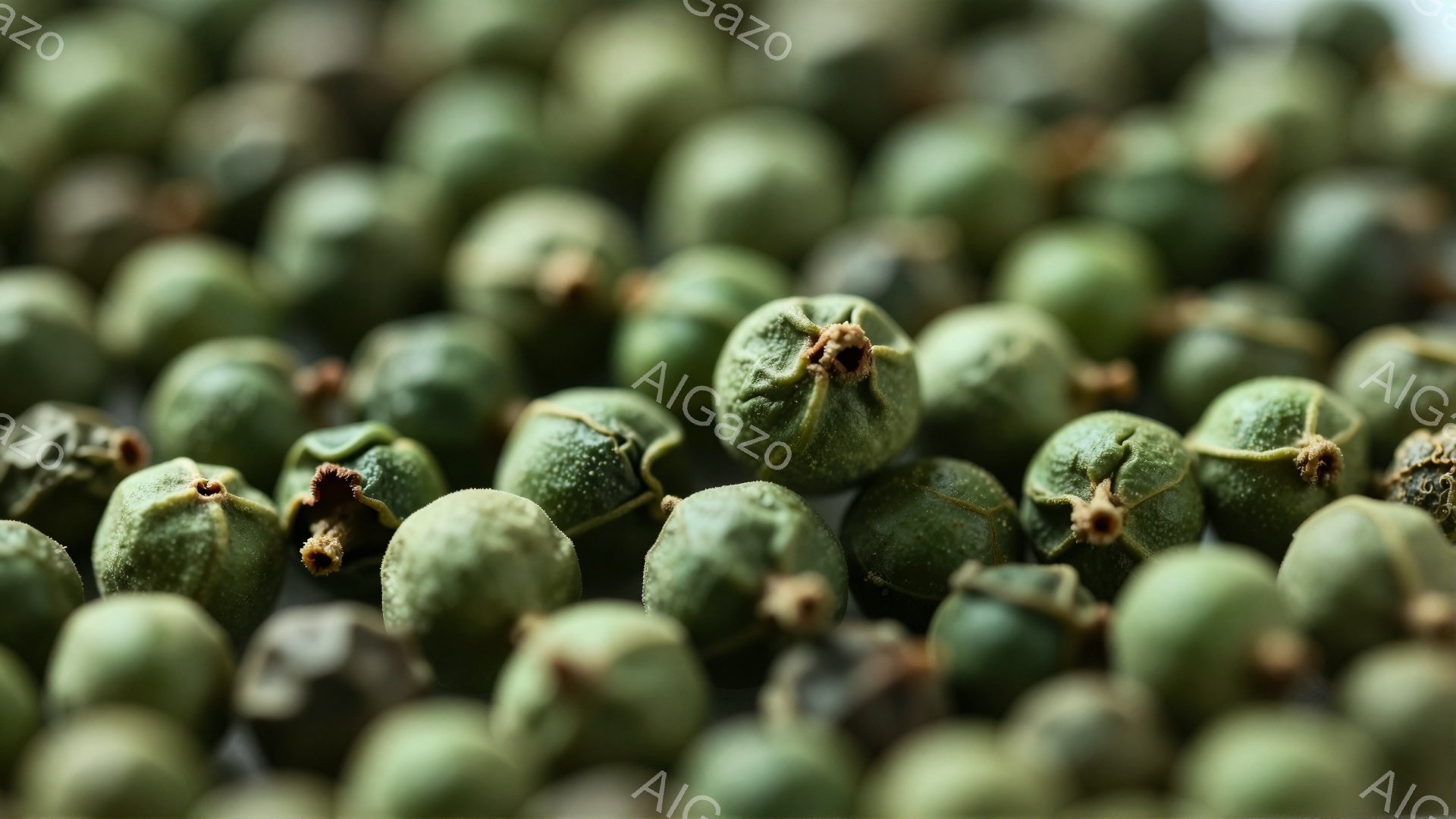 画像は、多くの小さな緑色の実が密集して写っており、それぞれがわずかに茶色い突起を持っています。それらは、まるで小さな緑色の宝石のように見え、光沢があり、表面に細かい模様が見られます。背景はぼやけており、実の質感と形が際立っています。