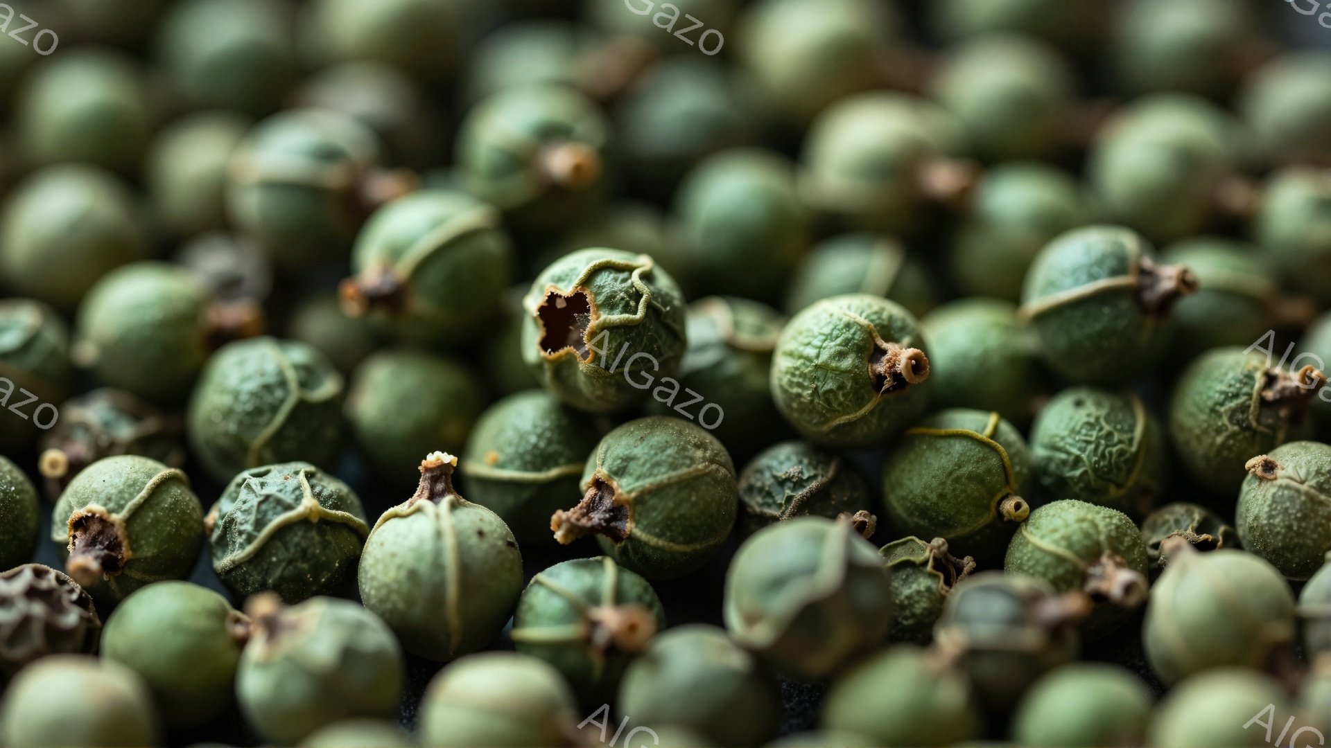 この画像は、多くの小粒の緑色のスパイス、おそらくグリーンペッパーが密集して写っています。一つ一つは独特のシワや突起があり、表面にわずかな光沢が見られます。全体的に暗めの色調で、テクスチャが強調され、自 - AI生成フリー素材