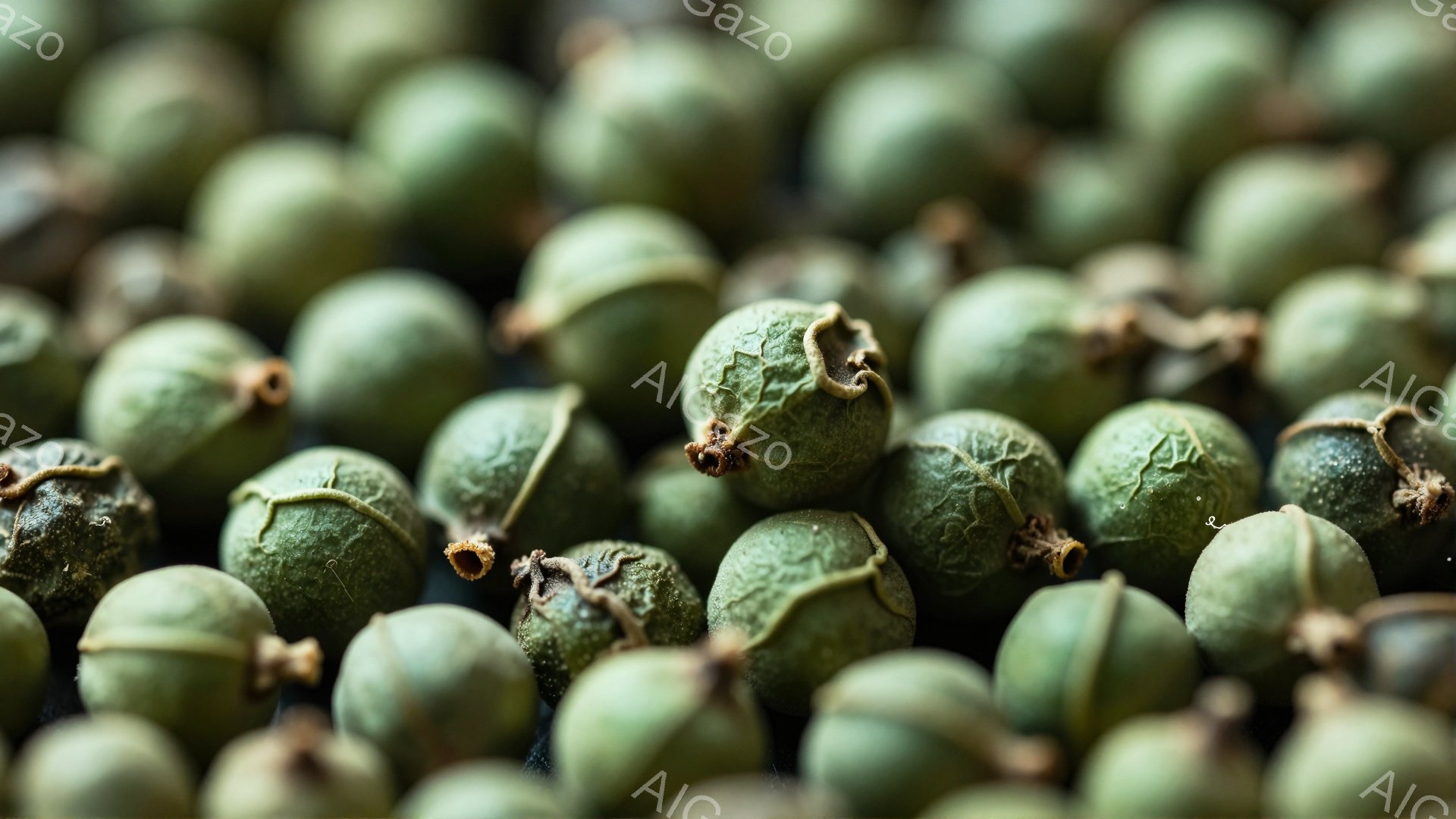画像は、緑色の小さな球状の植物の種子が密集して写っています。表面には細かいシワがあり、それぞれの種子の先端には小さな茶色の茎のようなものが付いています。全体的に、自然のテクスチャと色合いが強調されたクローズアップ写真で、生命の息吹を感じさせます。