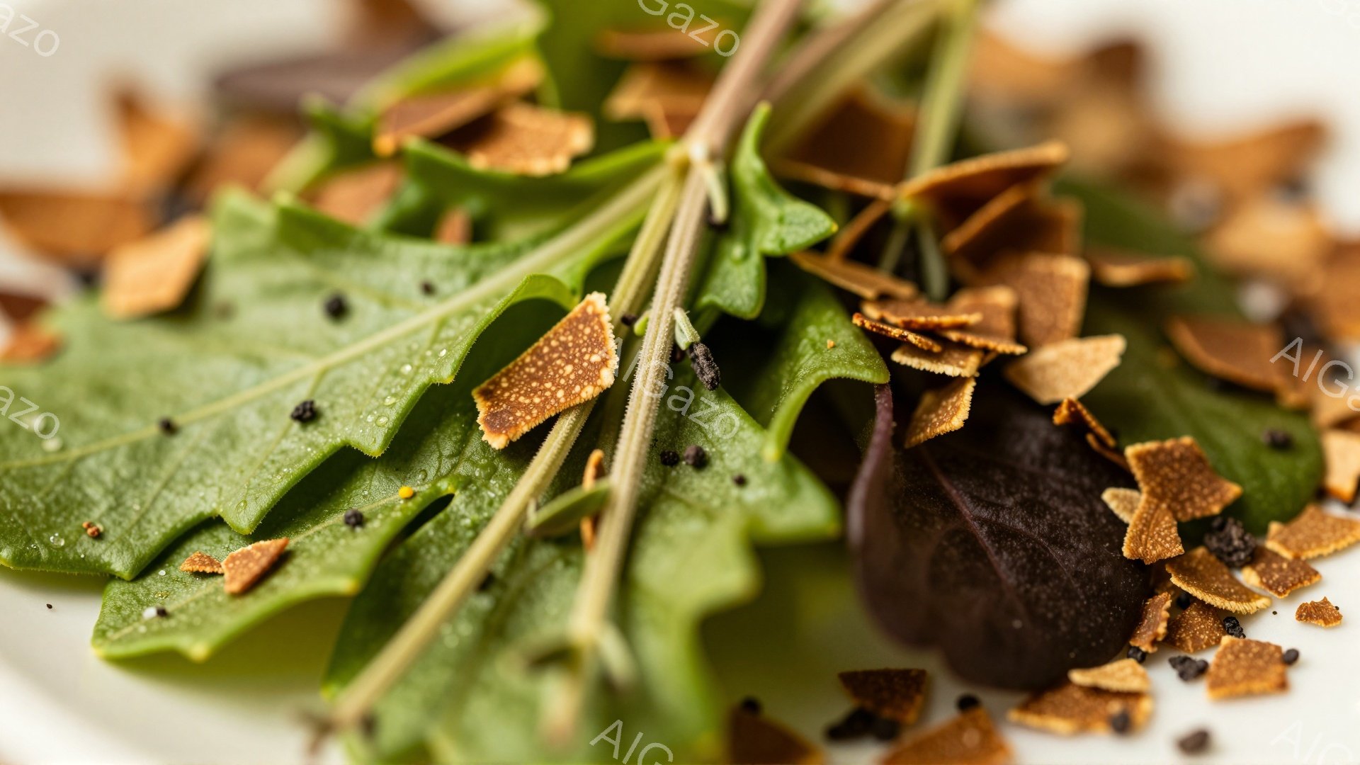 鮮やかな緑色の葉野菜と、濃い赤色の葉が皿の上に散りばめられている。葉の上には、細かく砕かれた茶色いチップスのようなものが振りかけられ、全体的に自然な色彩と食感を強調した料理の盛り付けである。背景は白く、葉の緑色と赤色が際立っており、繊細で洗練された雰囲気を感じさせる。