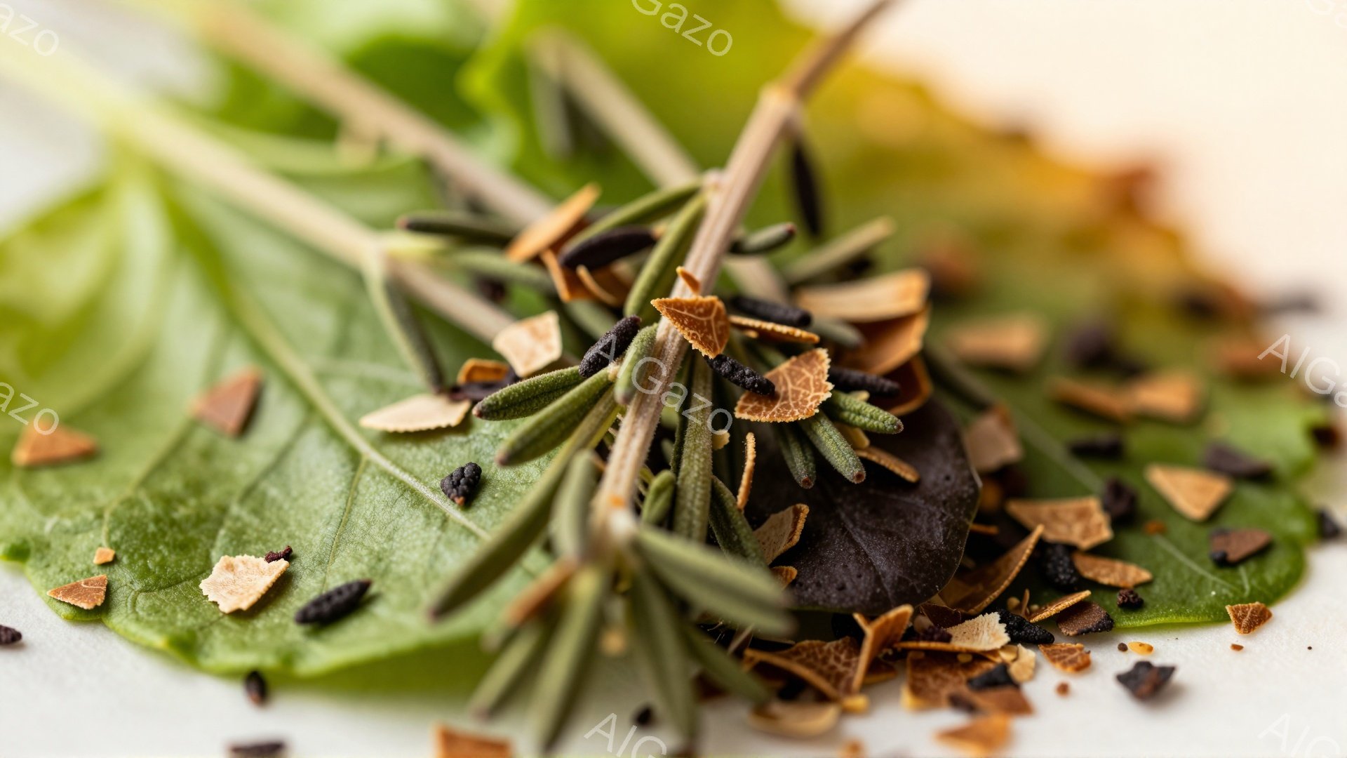 鮮やかな緑色の葉の上に、乾燥したハーブやスパイスが散りばめられています。ローズマリーのような細長い茎と、黒く砕けたペッパー、そしてオレンジ色の小さな破片が目に付き、食材のテクスチャと色が対照的です。白っぽい背景が素材の色を際立たせ、料理の盛り付けや素材そのものの魅力が伝わってきます。
