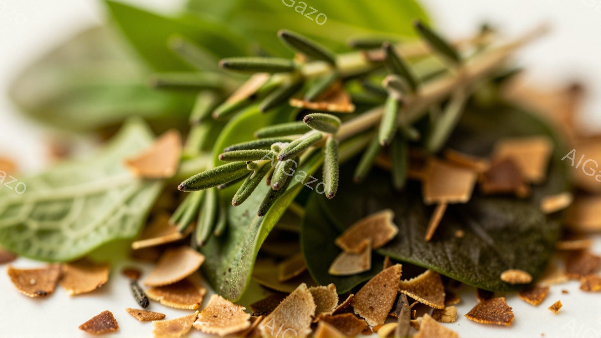 白い背景の上に、ローズマリー、セージ、そして乾燥したオレンジピールが散らばっているクローズアップ写真です。ハーブの緑とオレンジピールの茶色がコントラストをなしており、食材のテクスチャが強調されています。全体的に、フレッシュで自然な雰囲気があり、料理やハーブの美しさを表現しています。