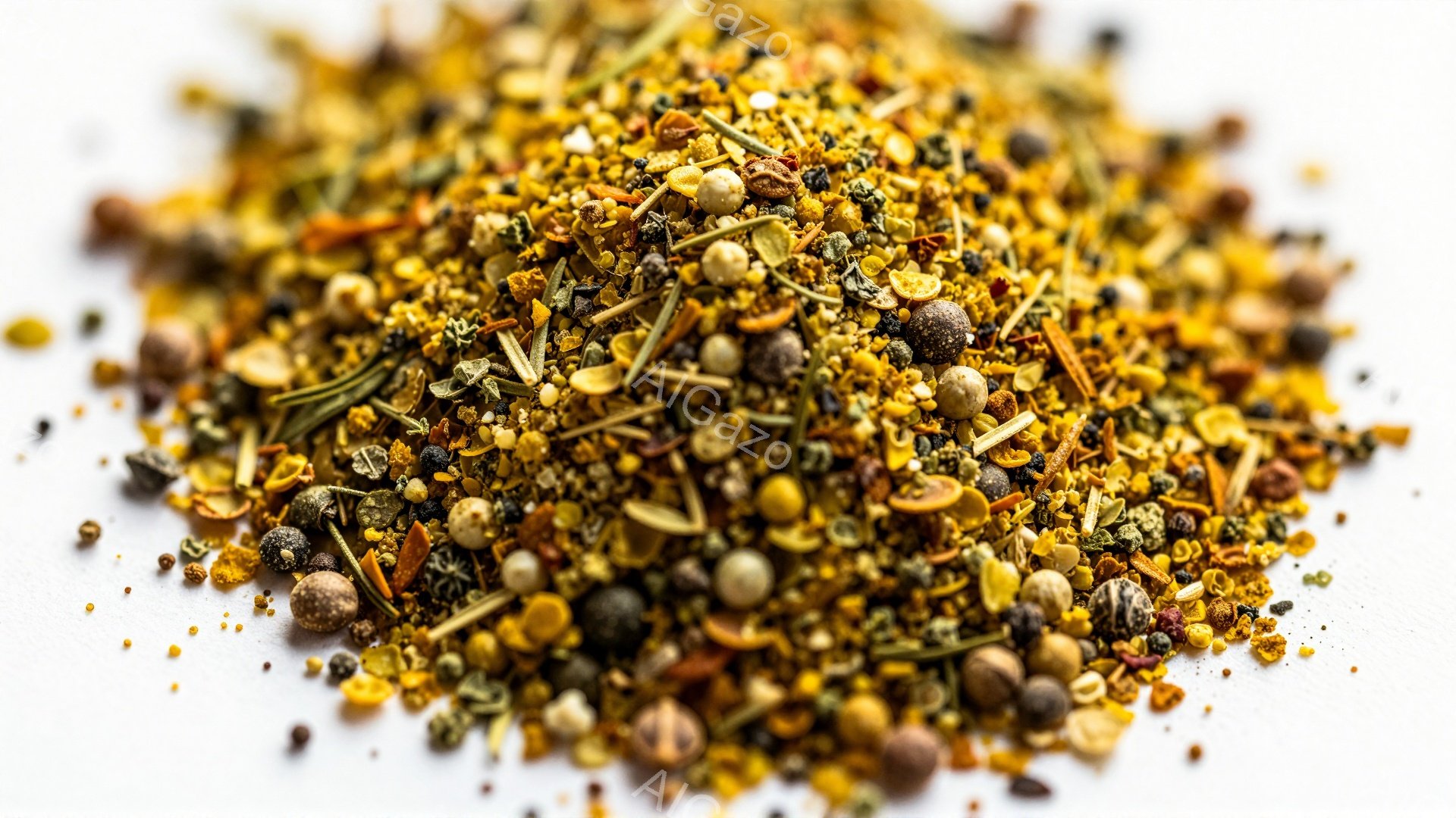 白い背景の上に、様々なスパイスやハーブが散りばめられた様子が写っている。マスタードシードのような黄色い粒、黒胡椒、乾燥ハーブの葉、オレンジ色の小片などが混ざり合い、テクスチャに富んだ美しい模様を形成している。全体的に暖色系の色合いで、料理に使われるシーズニングや調味料を連想させる。