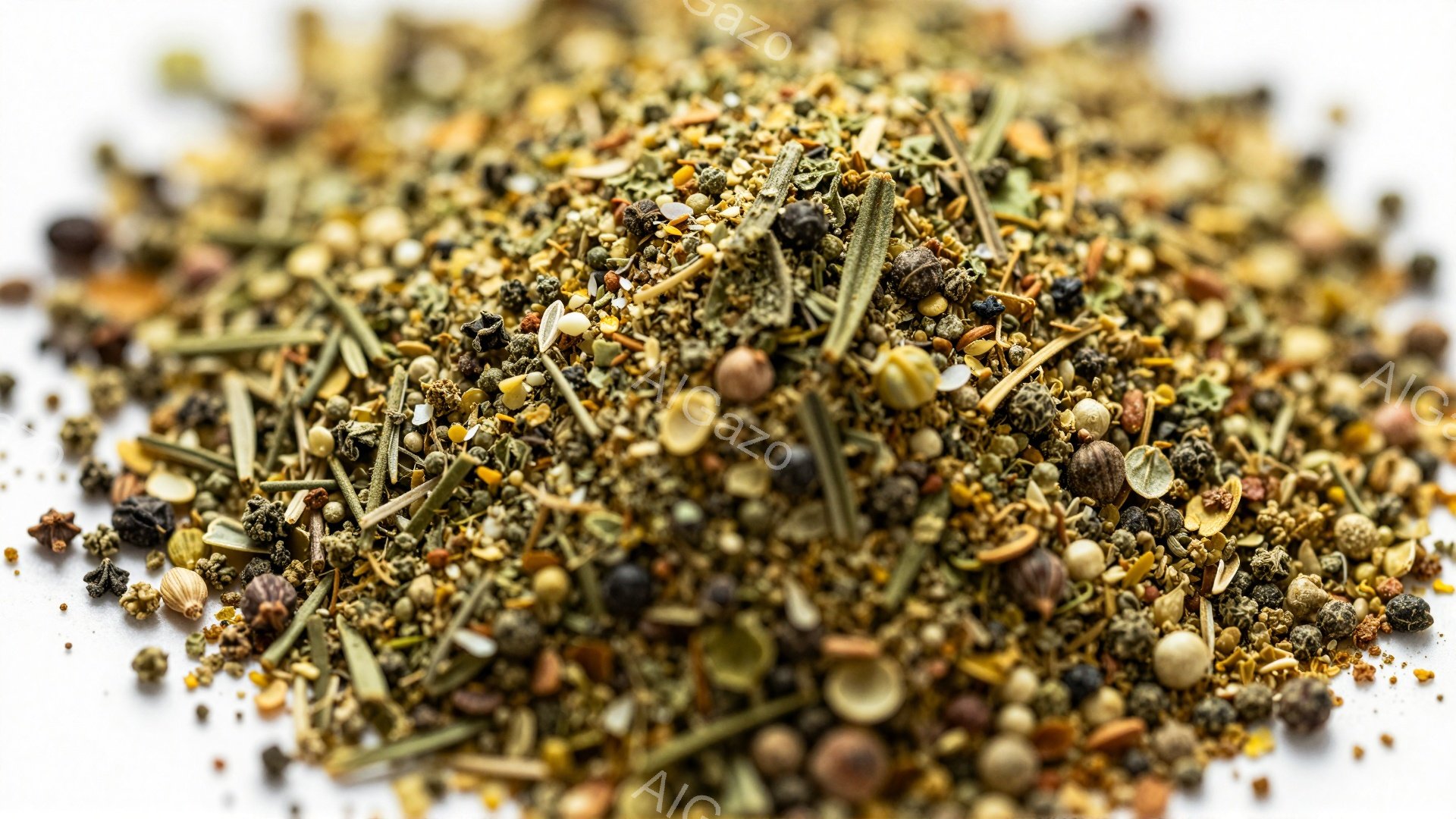 白い背景に、様々な種類のスパイスやハーブが混ざり合ったものが散りばめられています。黒胡椒、マスタードシード、乾燥ハーブの葉、唐辛子の欠片など、多様な色と形が食欲をそそります。全体的に、料理に使われるミ - AI生成フリー素材