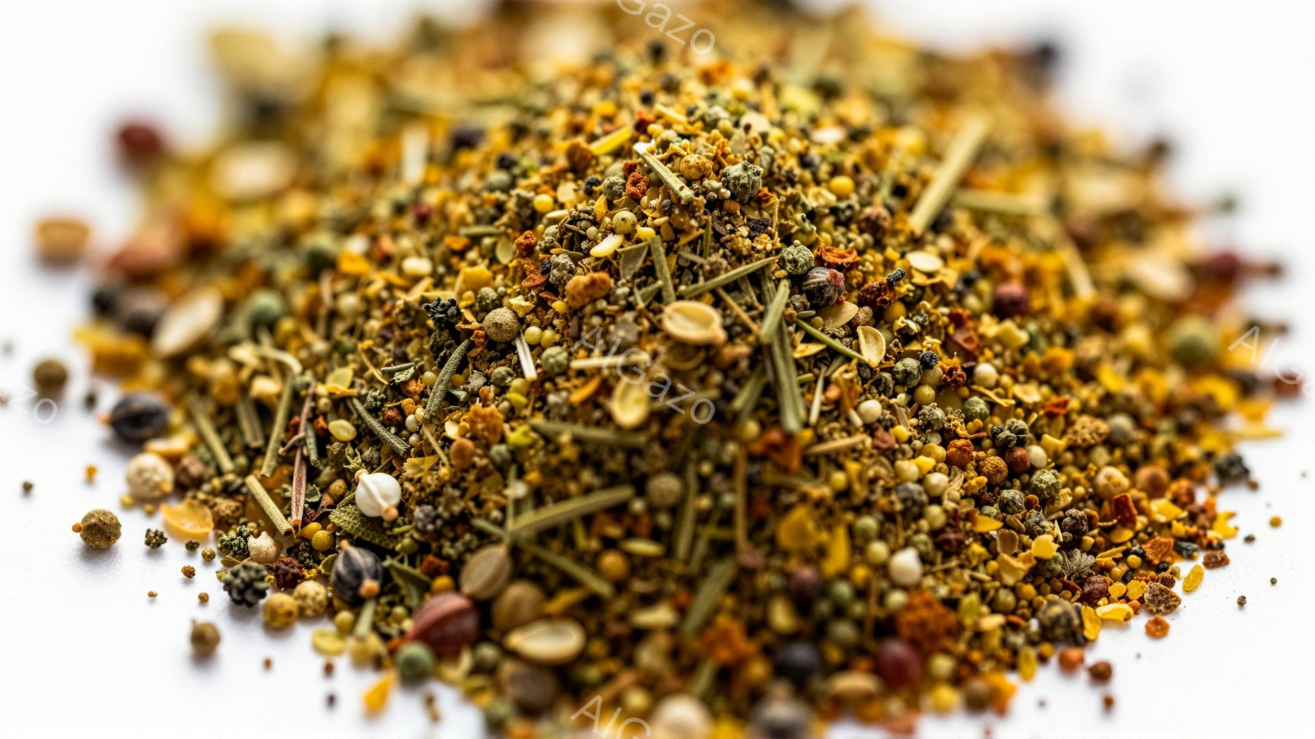 白い背景に、様々な種類のスパイスやハーブが散りばめられたクローズアップ写真です。黒胡椒、唐辛子、マスタードシード、タイム、ローズマリーなどのカラフルな粒や粉末が混ざり合い、複雑な食感を想像させます。全 - AI生成フリー素材