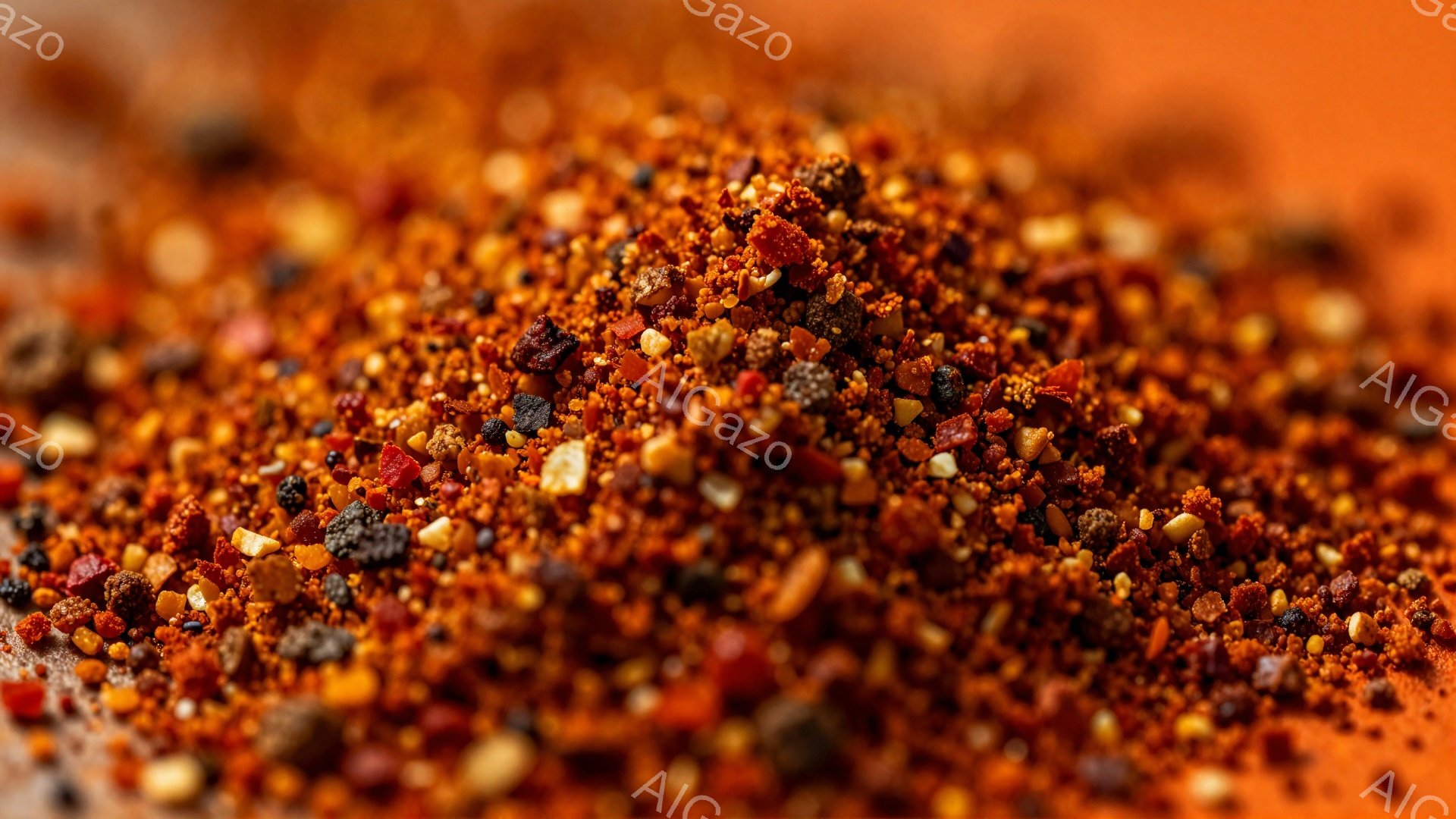 鮮やかなオレンジ色の細かい粒状の物質が、画面全体に密集して広がっています。赤、オレンジ、茶色などの様々な色合いが混ざり合い、まるでスパイスや調味料のようにも見えます。背景も同様のオレンジ色で、物質のテクスチャと色のコントラストが際立っています。
