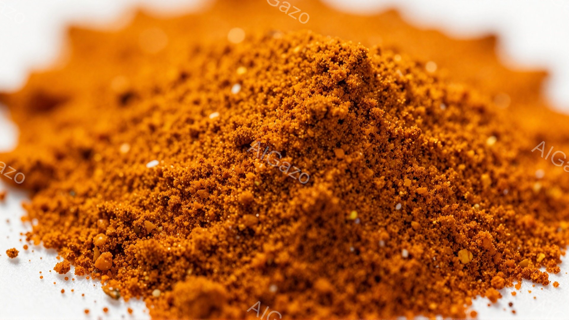 鮮やかなオレンジ色の粉末が、白い背景の上に山積みになっている。粉末は微細な粒子で構成され、まるでスパイスや土のような質感に見える。細かな光の反射があり、全体的に温かみと奥行きのある印象を与えている。