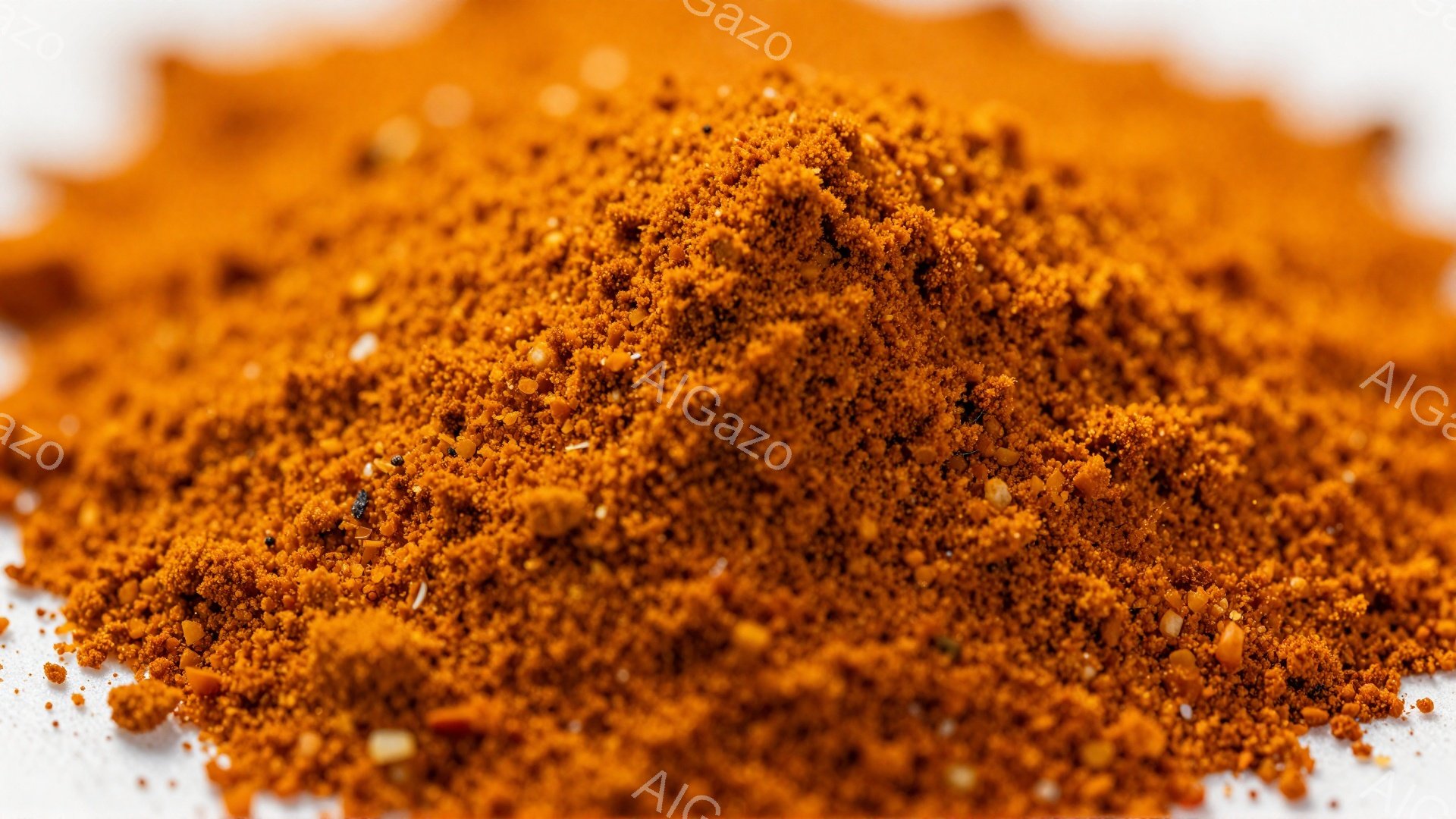 鮮やかなオレンジ色の粉末が、白い背景に山積みに広がっている。細かく砕かれた唐辛子やスパイスの混合物で、小さな黒や白の粒が点在し、食欲をそそるような色彩とテクスチャを持っている。全体的に刺激的で、料理に - AI生成フリー素材