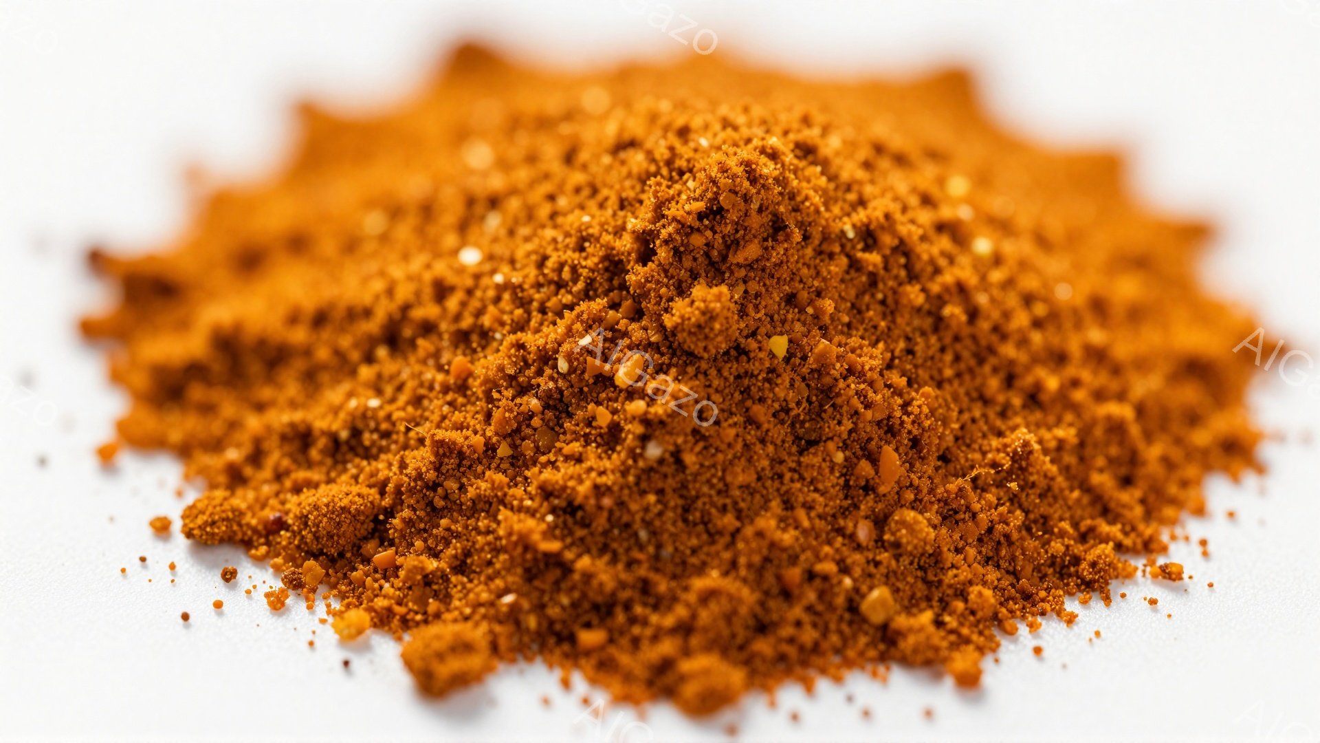 鮮やかなオレンジ色の粉末が白い背景に山積みにされている。細かく砕かれた質感で、所々に小さなオレンジ色の粒が混ざっているのが見える。全体的に乾燥したスパイスや調味料のような印象を与える。 - AI生成フリー素材