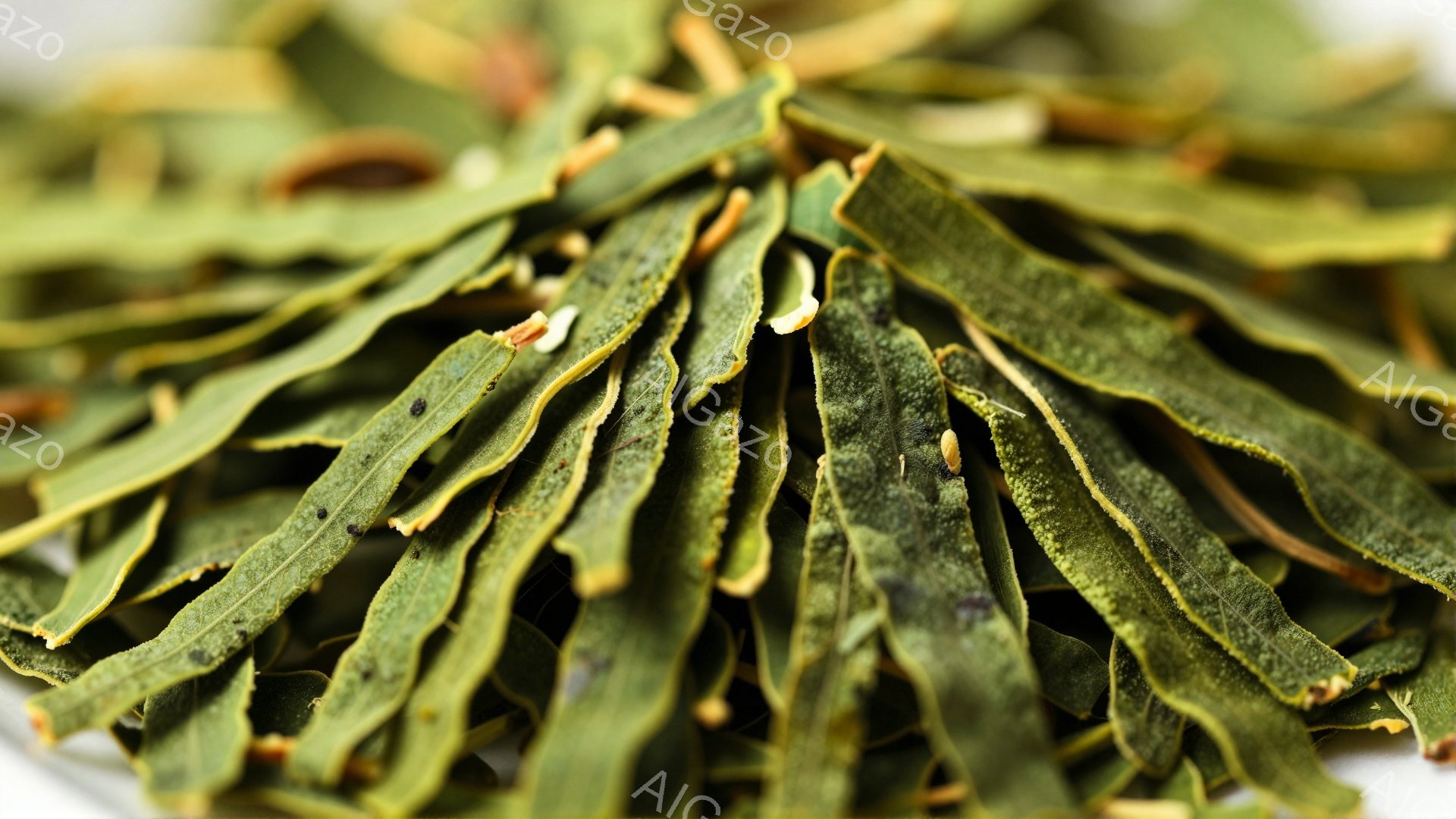 乾燥わかめのクローズアップ写真です。緑と茶色が混ざった薄い葉状のものが密集して写っており、表面には小さな黒い斑点が見られます。背景は白っぽく、わかめの質感が際立っています。