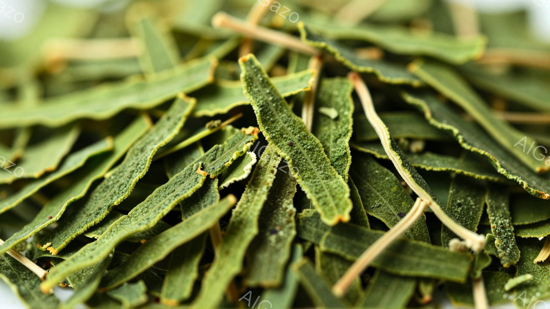 鮮やかな緑色の茶葉が画面全体に広がり、細長い形状と独特の巻きが特徴的です。葉脈がはっきりと見え、乾燥した質感とわずかな赤い斑点が、その自然な風合いを強調しています。背景は白く、茶葉の緑色が際立ち、落ち着いた、自然な雰囲気を醸し出しています。