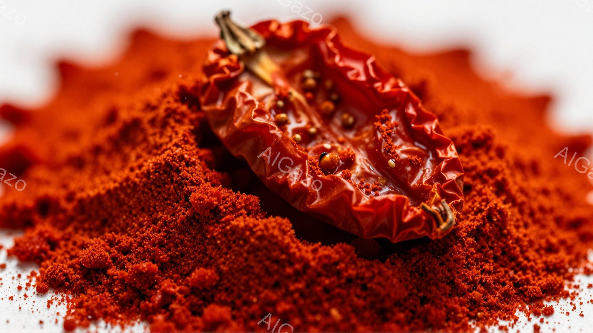 乾燥した赤唐辛子が、細かい赤色の粉末の中に埋もれるように配置されている。唐辛子はしわが寄っており、乾燥の度合いがわかるが、全体的に鮮やかな赤色が印象的だ。背景は白く、唐辛子の色が際立っており、スパイスや料理への使用を連想させる。