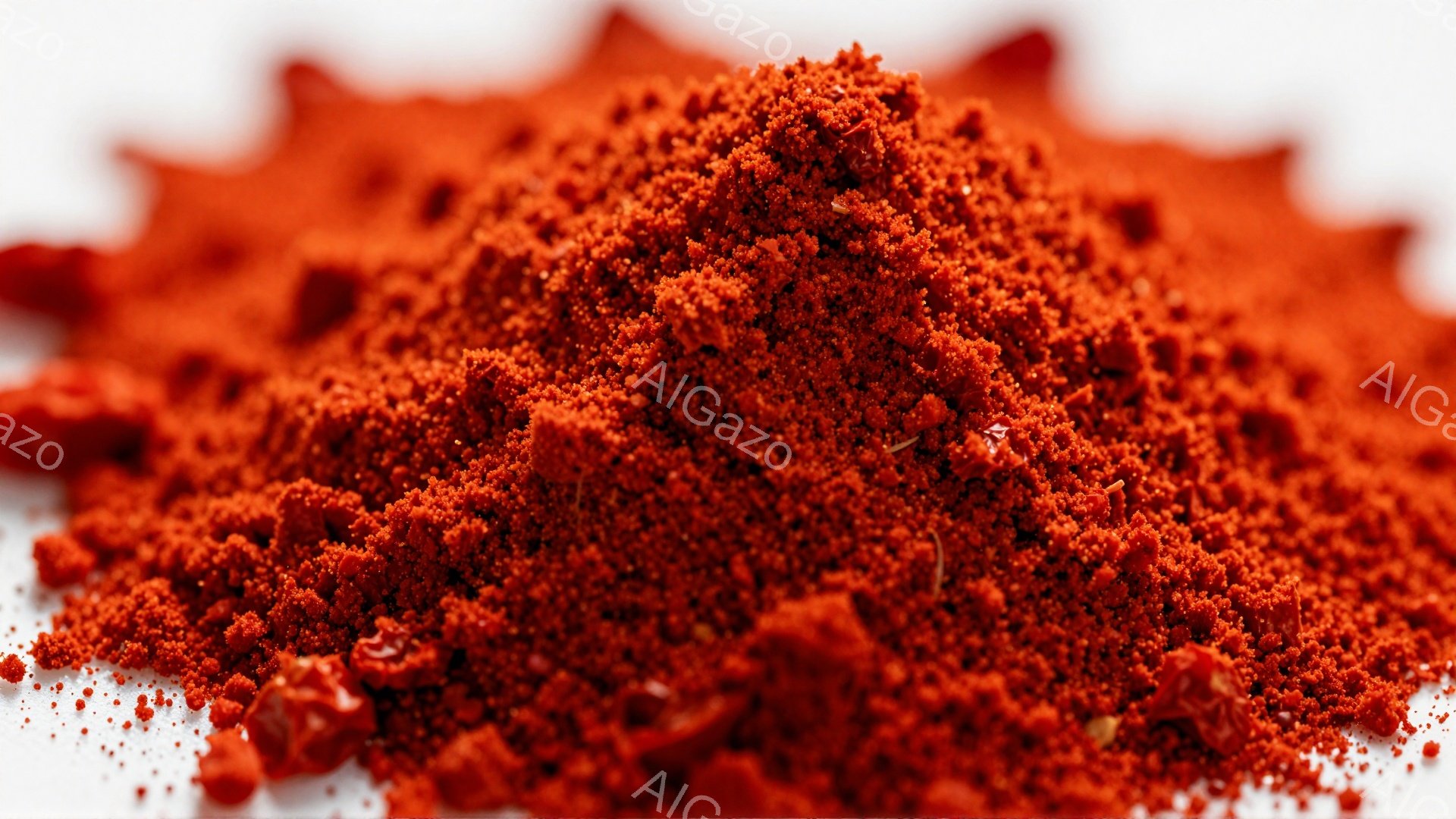 鮮やかな赤色の粉末が、白い背景に山積みに広がっている。細かい粒子が密集し、わずかに大きな赤い破片が混ざっているのが見える。全体的に、乾燥した香辛料やパウダーのような印象を与える、テクスチャ豊かな画像である。