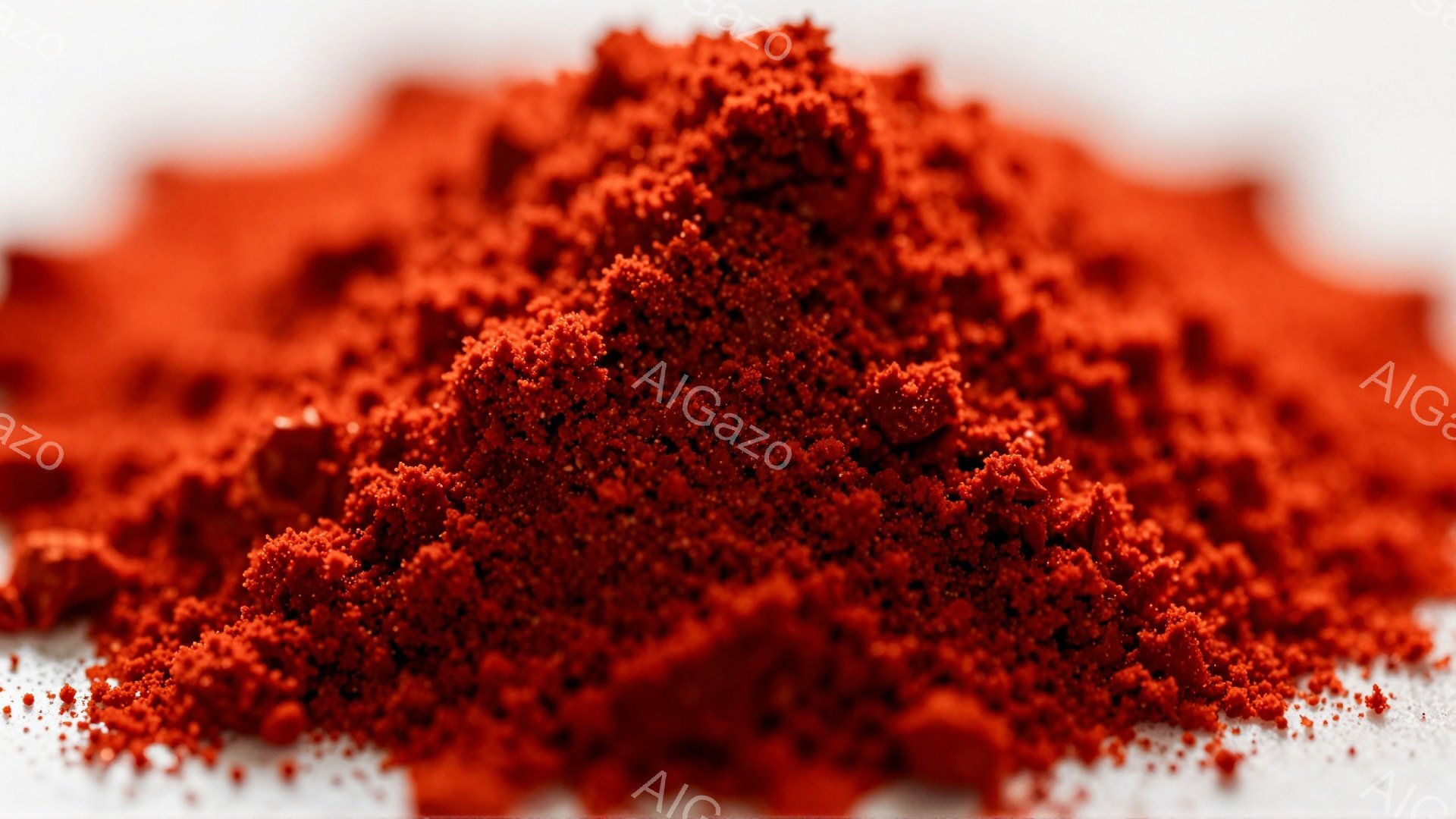 鮮やかな赤色の粉末が白い背景に山積みになっている様子が捉えられています。粉末は細かく、光沢がなく、まるでスパイスや顔料のようであり、質感はザラザラしているように見えます。背景は白くシンプルで、粉末の色を際立たせており、全体的にミニマルで鮮やかな印象を与えます。