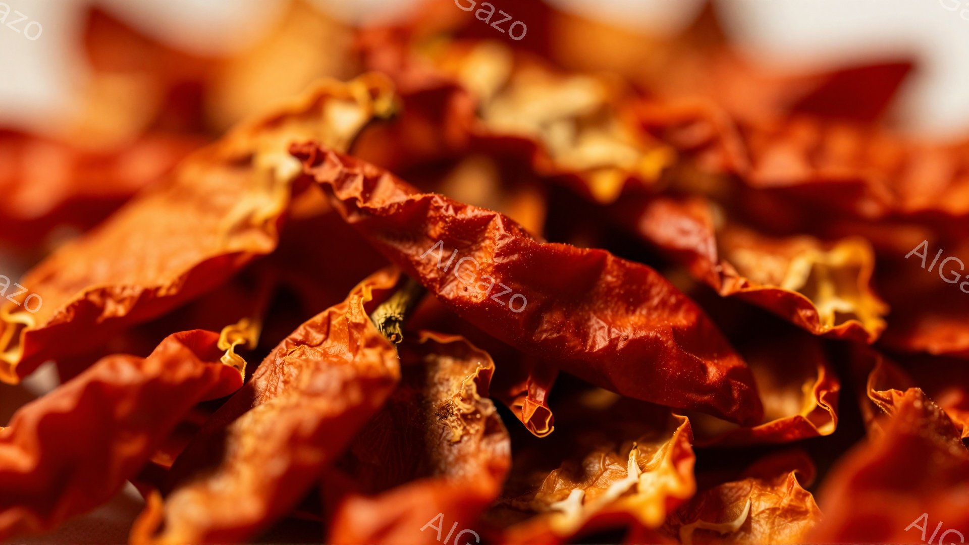 鮮やかな赤色の乾燥唐辛子が、画面全体を埋め尽くしています。シワが寄り、独特の形状をした唐辛子は、まるで赤い岩石のようにも見えます。背景はぼやけており、唐辛子の鮮やかな色合いと質感が際立っています。